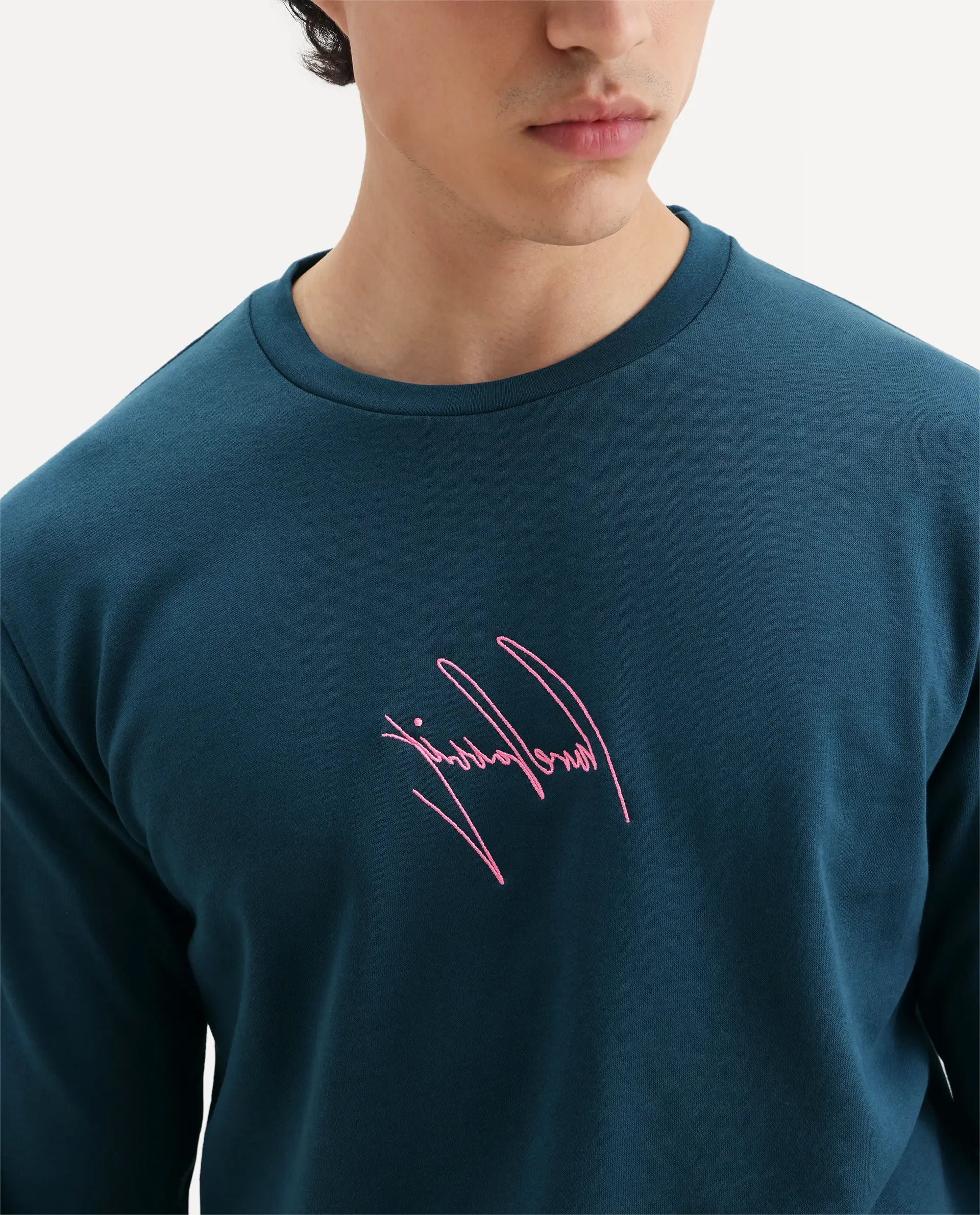 Rare Rabbit Men's Neos Petrol Cotton Embroidered Regular Fit Full Sleeve Crew Neck Sweatshirt