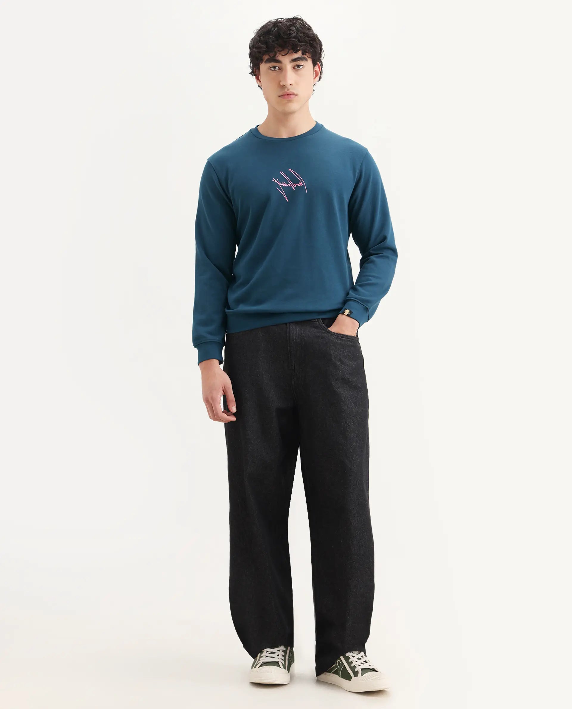 Rare Rabbit Men's Neos Petrol Cotton Embroidered Regular Fit Full Sleeve Crew Neck Sweatshirt