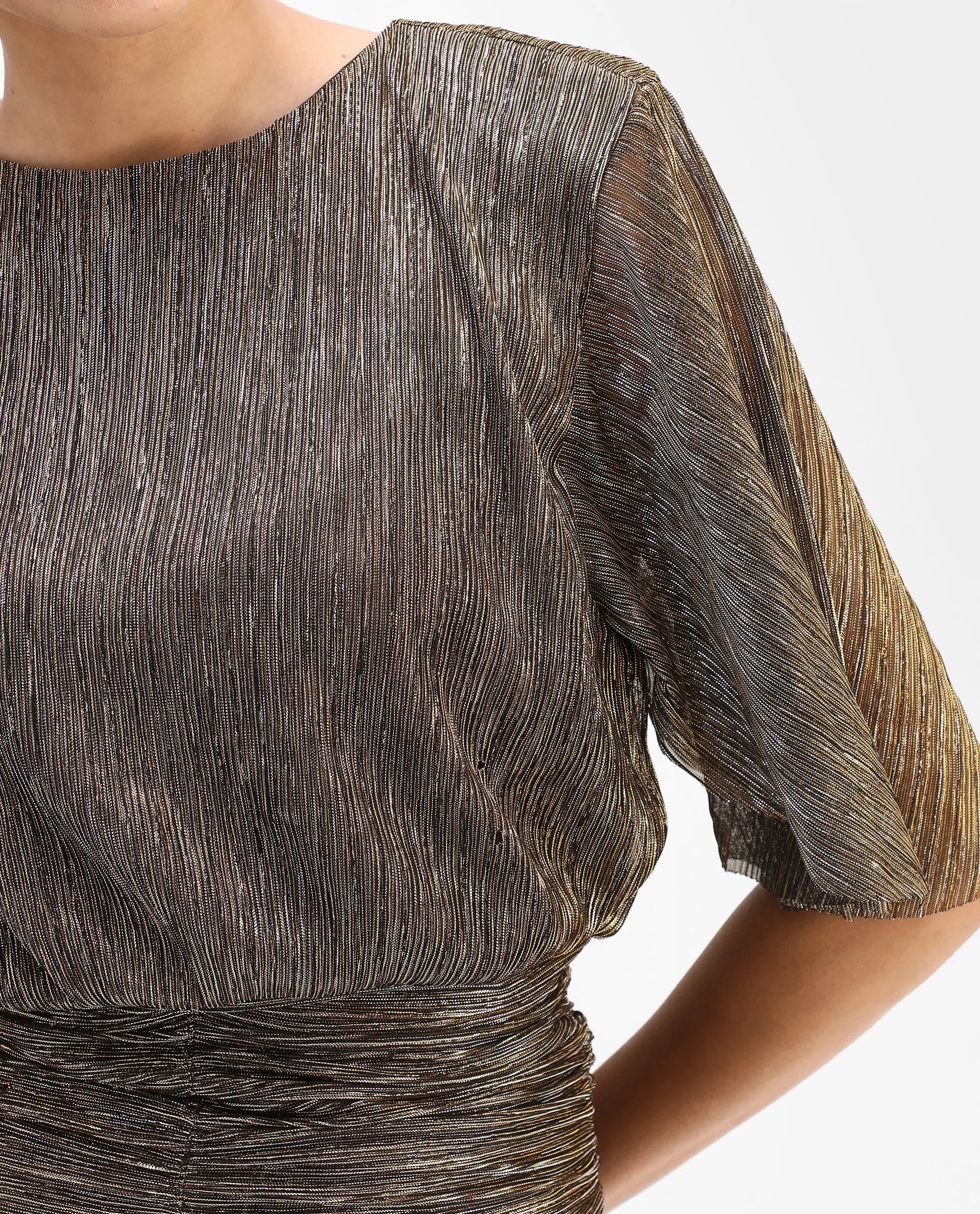 Rareism Women's Nergi Metalic Gold Polyester V-Neck Shimmer Puff Sleeves Regular Fit Top