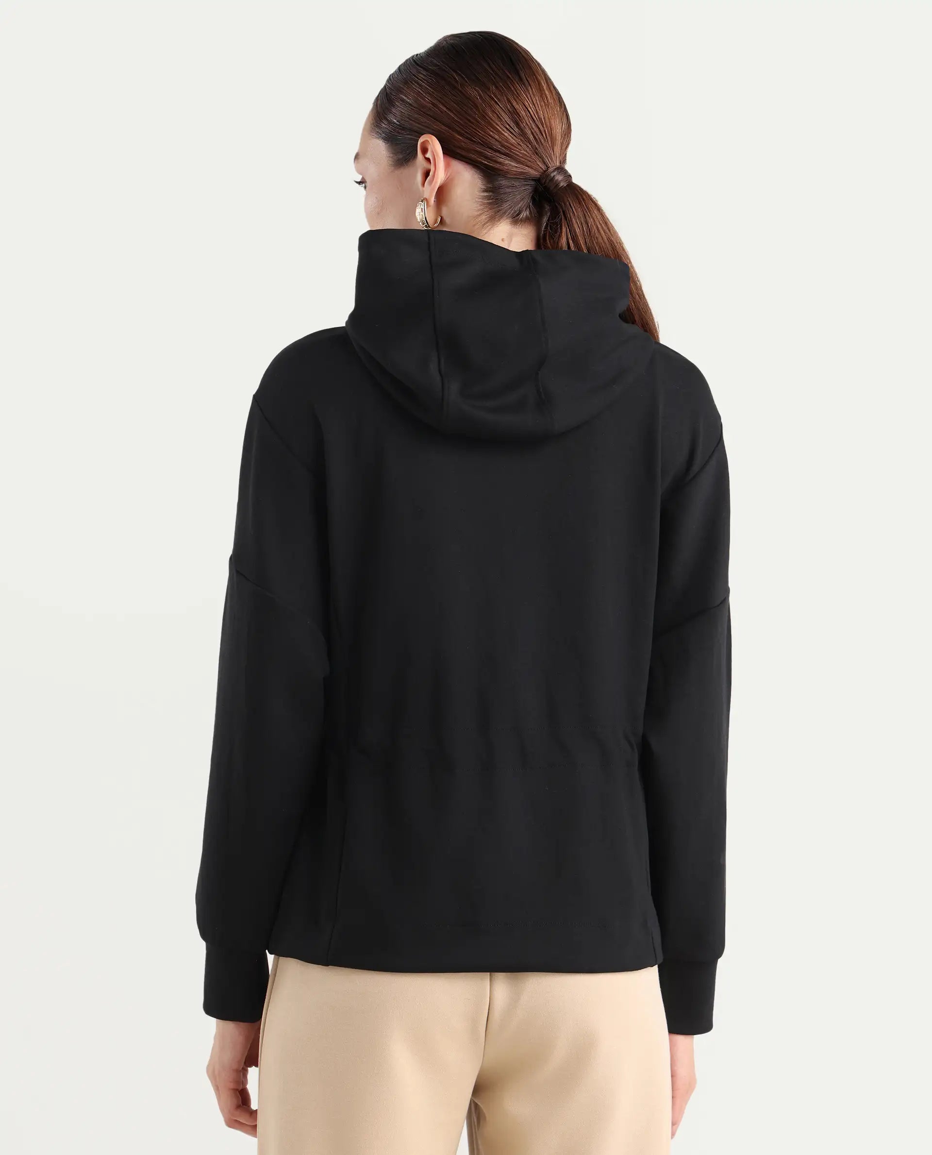 Rareism Women's Nerlo Black Modal Blend Fabric Hooded Relaxed Fit Printed Sweatshirt