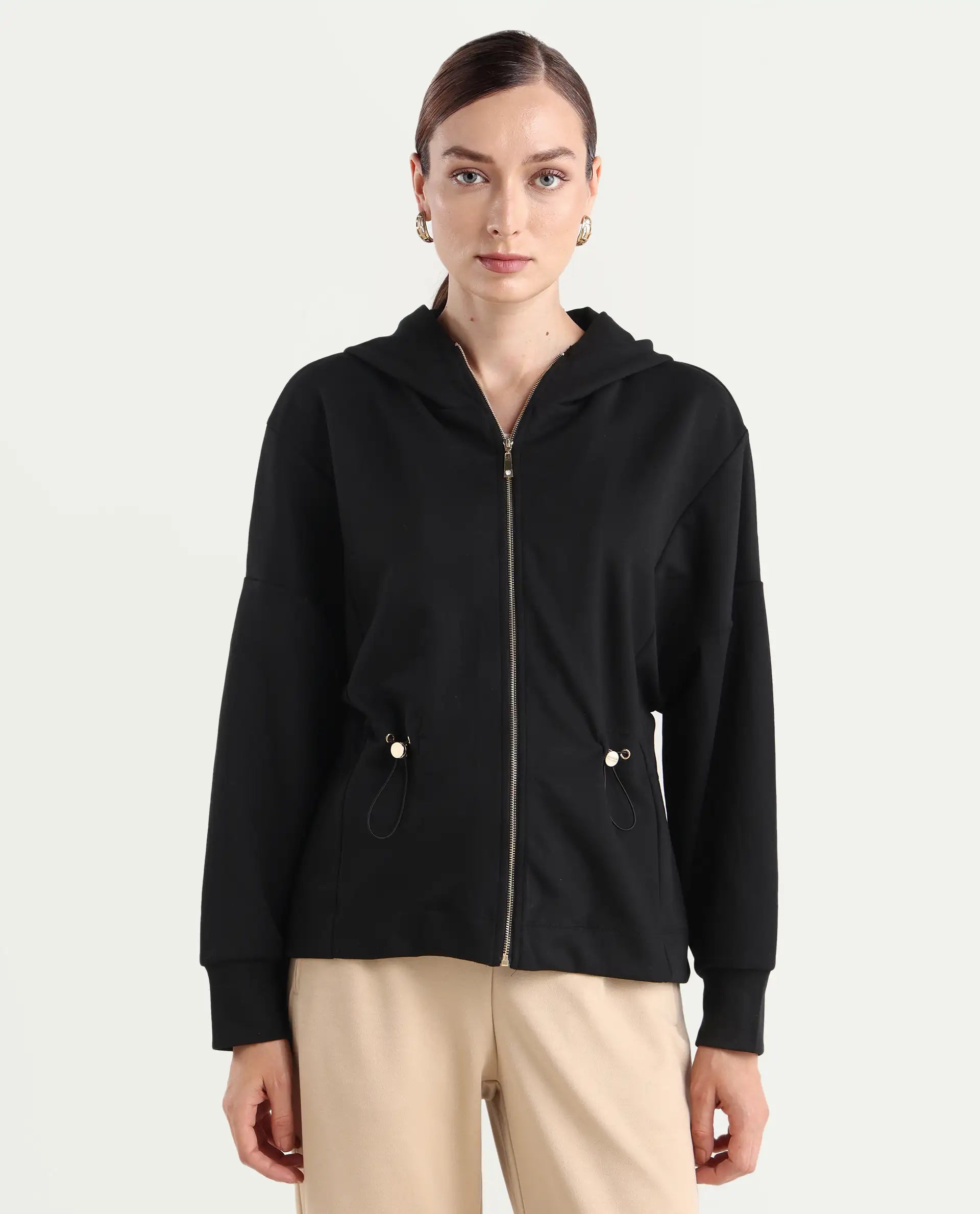 Rareism Women's Nerlo Black Modal Blend Fabric Hooded Relaxed Fit Printed Sweatshirt