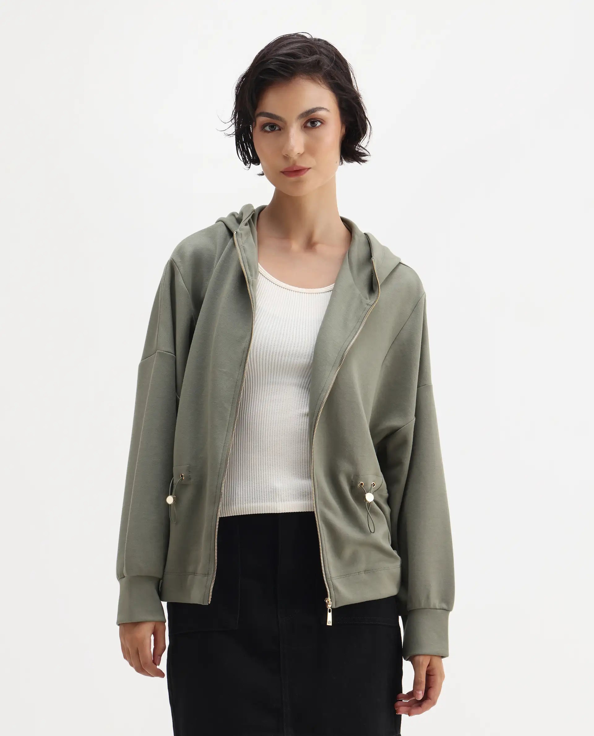 Rareism Women's Nerlo Dusky Green Modal Blend Hooded Relaxed Fit Printed Sweatshirt