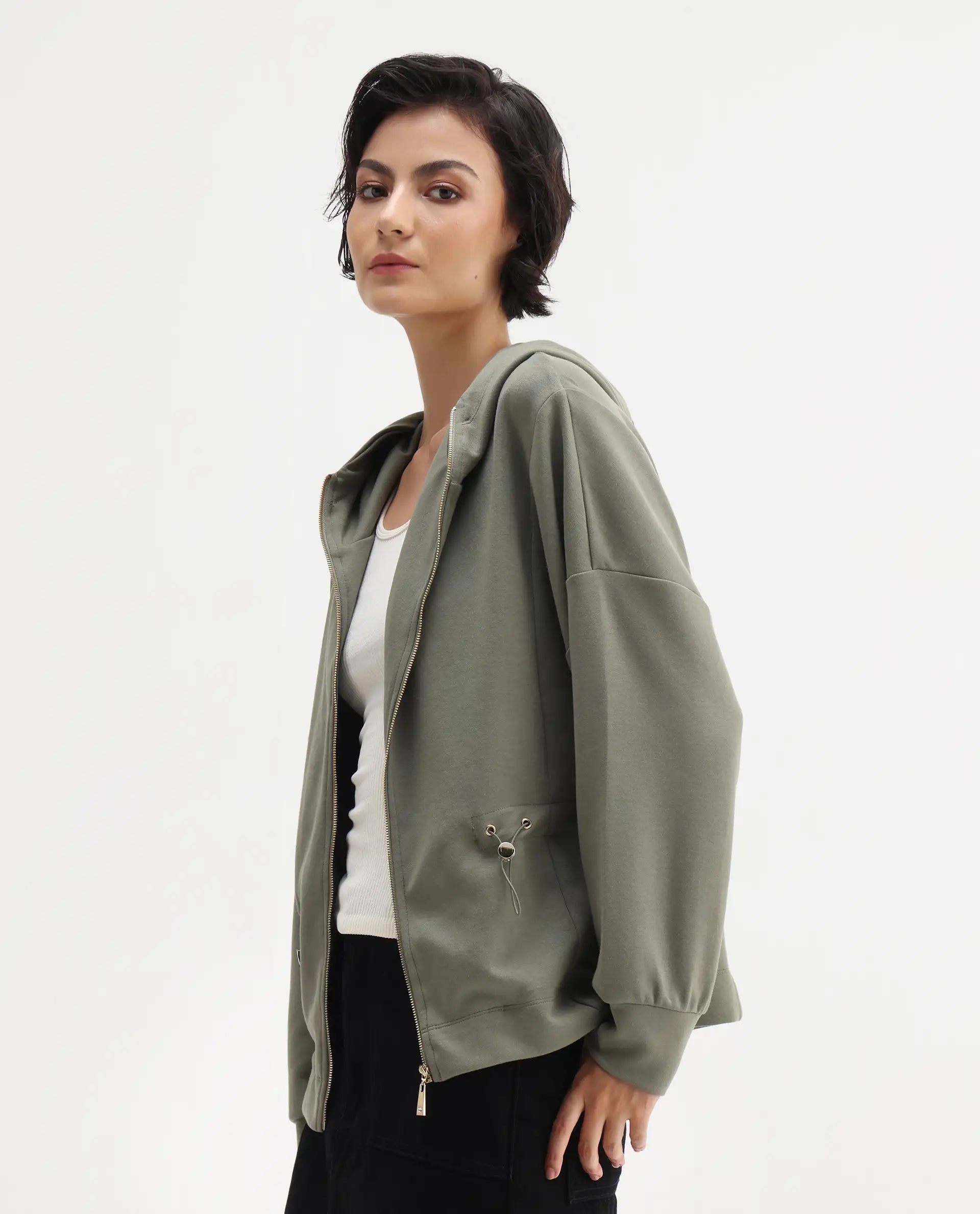 Rareism Women's Nerlo Dusky Green Modal Blend Hooded Relaxed Fit Printed Sweatshirt