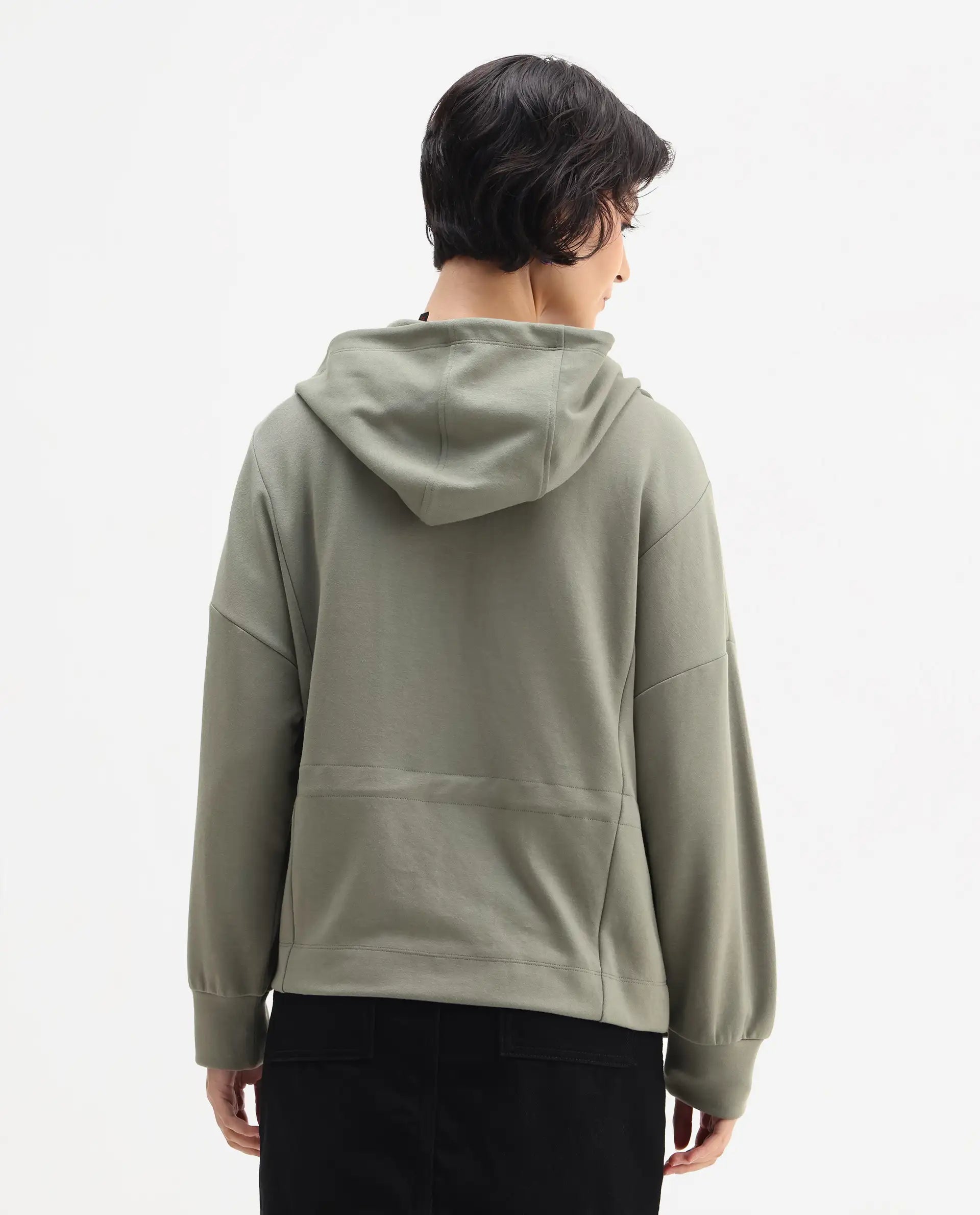 Rareism Women's Nerlo Dusky Green Modal Blend Hooded Relaxed Fit Printed Sweatshirt