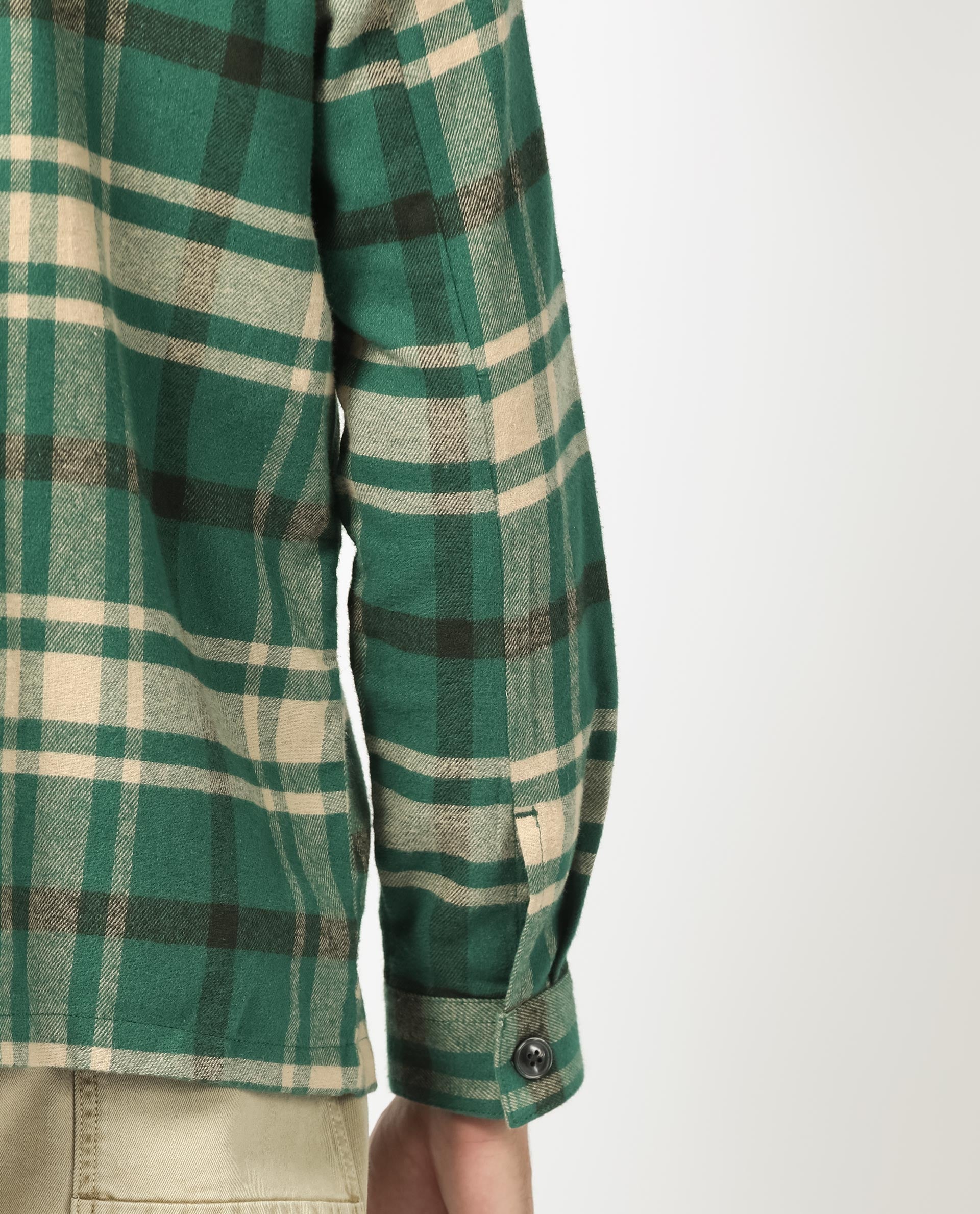 Rare Rabbit Men's Nero Dark Green Cotton Fabric Full Sleeves Button Closure Twill Checks Shacket