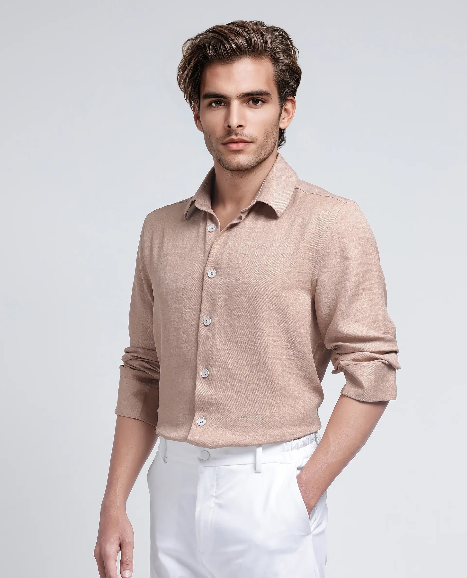 Rare Rabbit Men's Nert Dark Beige Cotton Fabric Full Sleeve Collared Neck Button Closure Plain Shirt