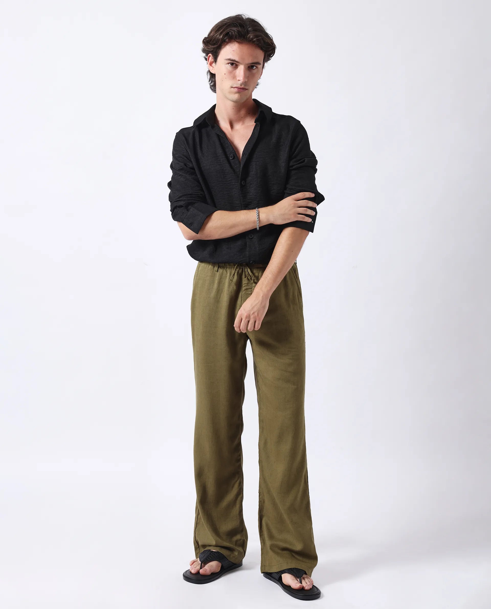 Rare Rabbit Men's Nert Black Cotton Plain Relaxed Fit Full Sleeve Collared Shirt