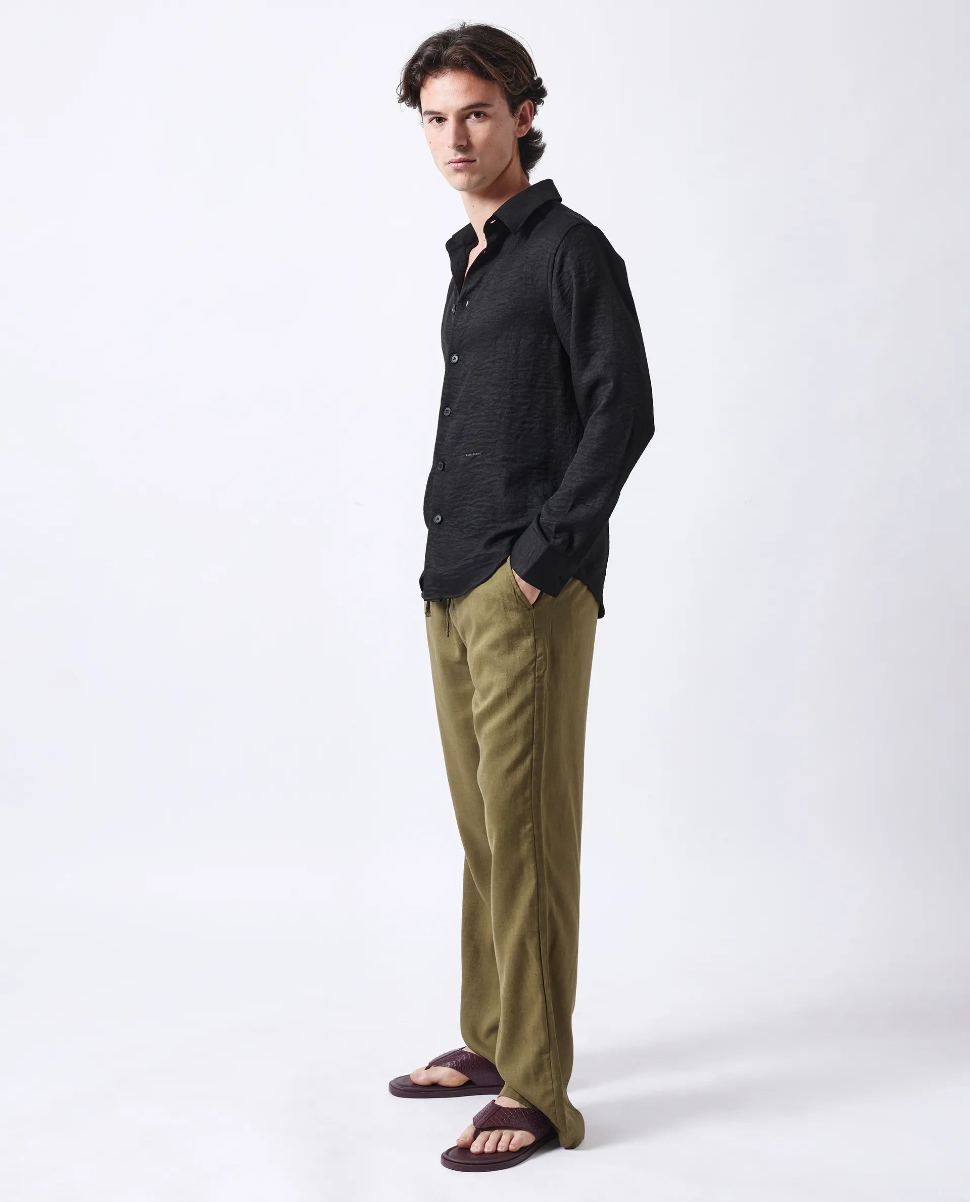 Rare Rabbit Men's Nert Black Cotton Plain Relaxed Fit Full Sleeve Collared Shirt