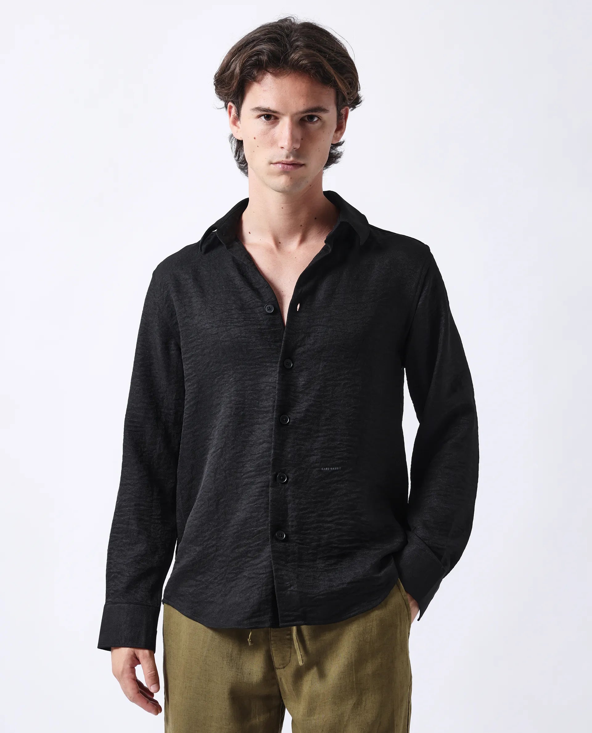 Rare Rabbit Men's Nert Black Cotton Plain Relaxed Fit Full Sleeve Collared Shirt