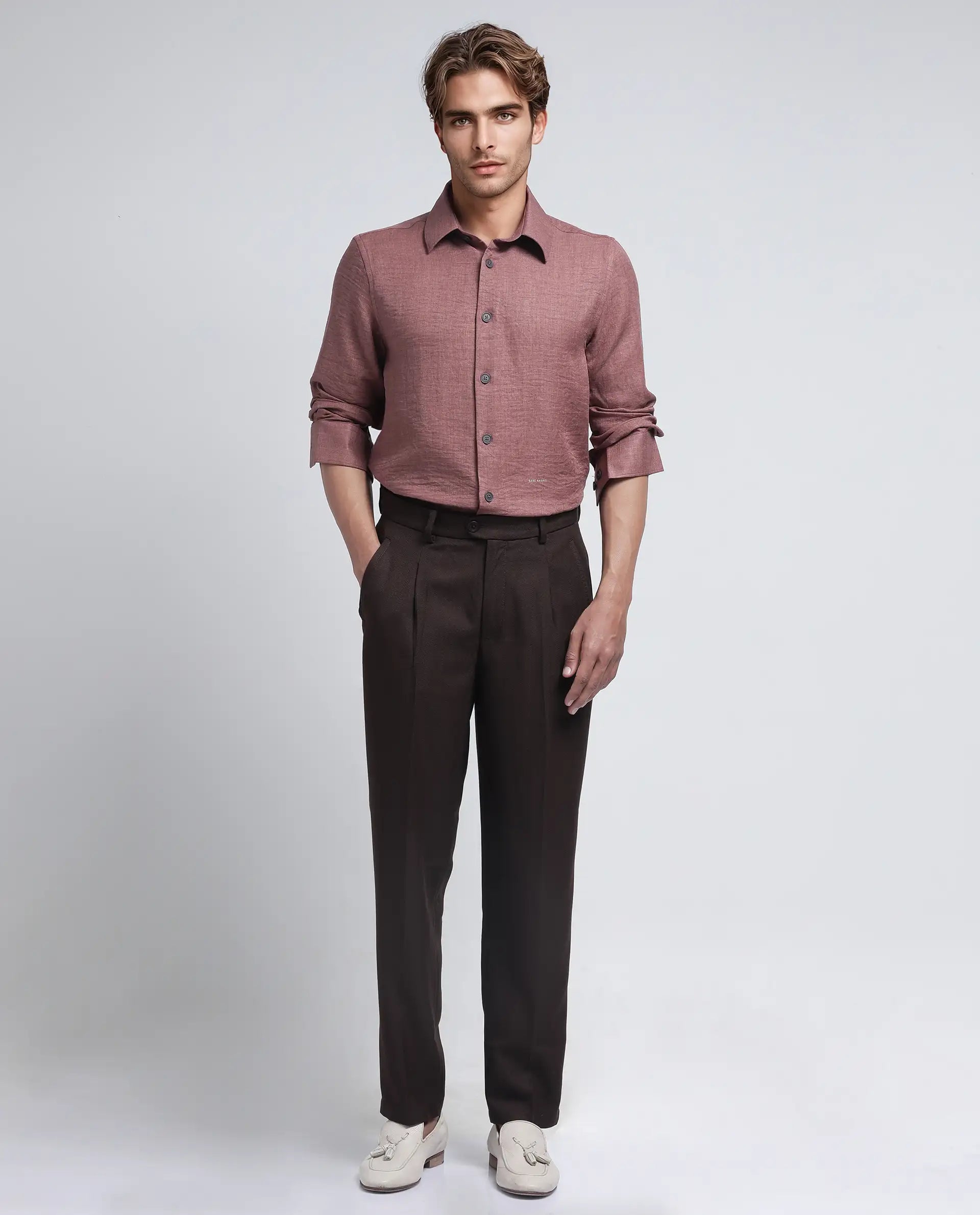 Rare Rabbit Men's Nert Dark Peach Cotton Fabric Full Sleeve Collared Neck Button Closure Plain Shirt