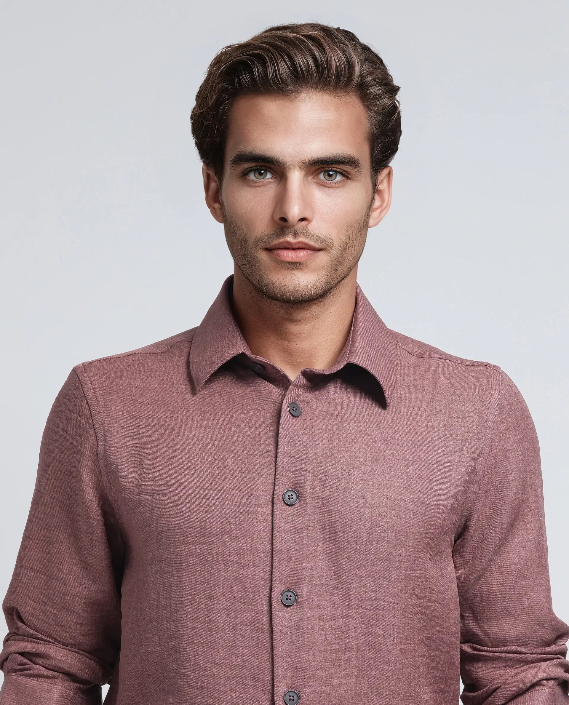 Rare Rabbit Men's Nert Dark Peach Cotton Fabric Full Sleeve Collared Neck Button Closure Plain Shirt