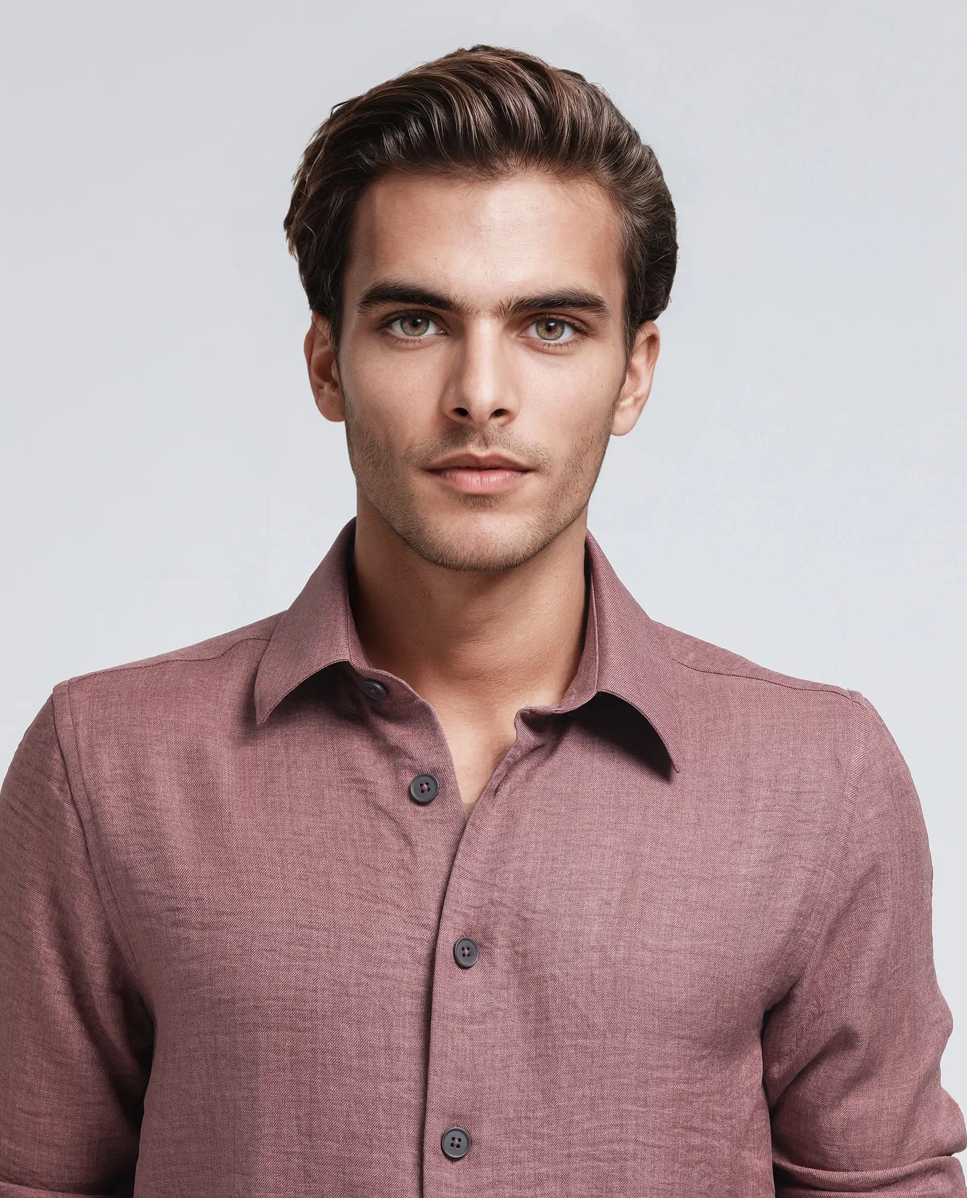 Rare Rabbit Men's Nert Dark Peach Cotton Fabric Full Sleeve Collared Neck Button Closure Plain Shirt