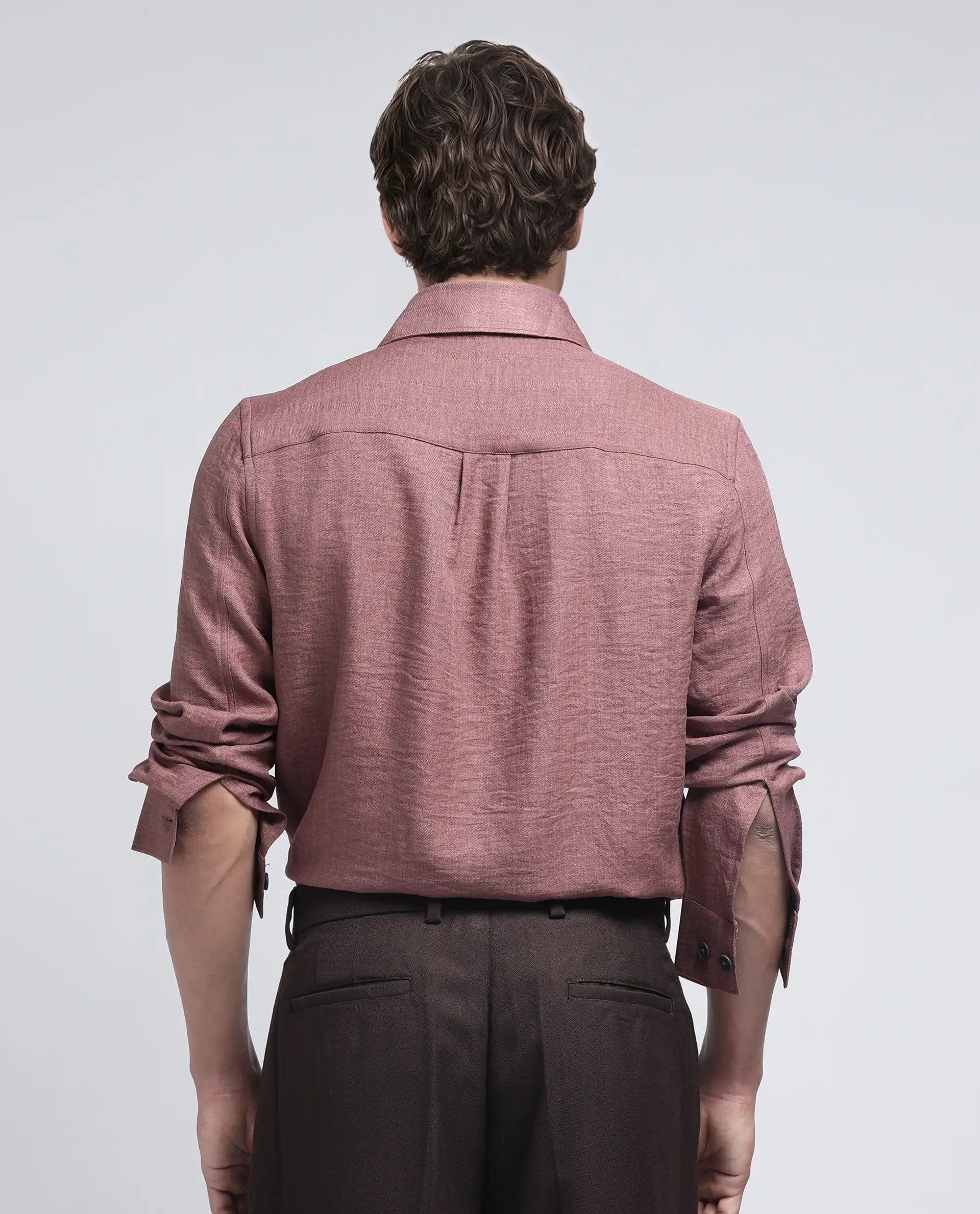 Rare Rabbit Men's Nert Dark Peach Cotton Fabric Full Sleeve Collared Neck Button Closure Plain Shirt