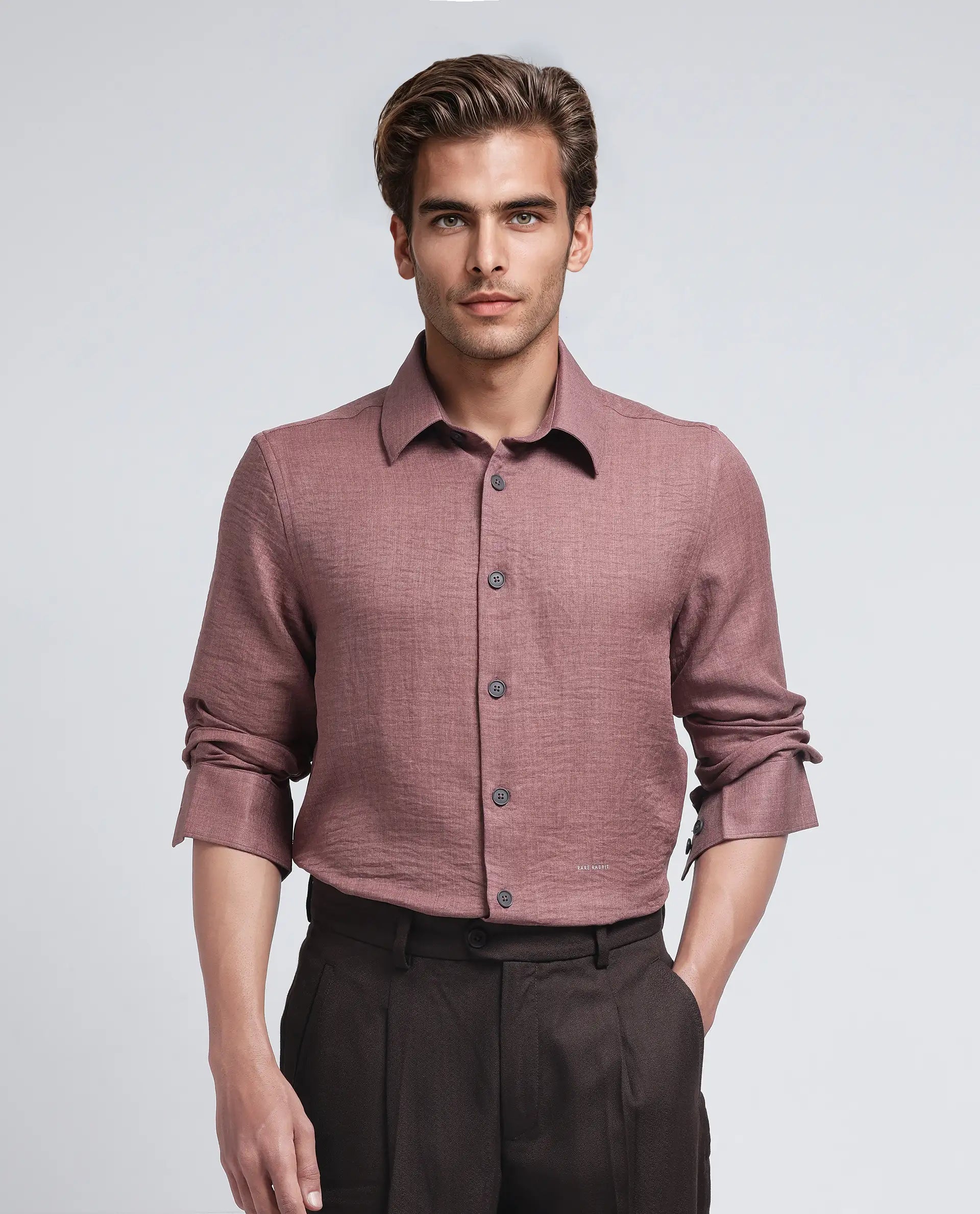 Rare Rabbit Men's Nert Dark Peach Cotton Fabric Full Sleeve Collared Neck Button Closure Plain Shirt