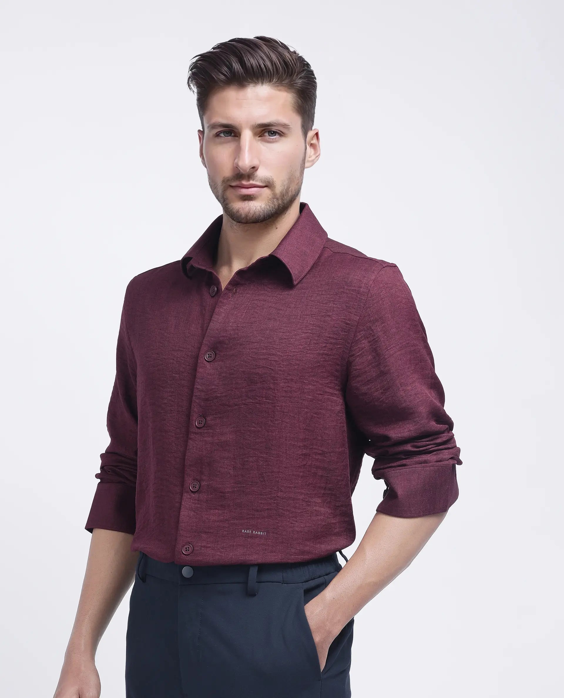 Rare Rabbit Men's Nert Maroon Cotton Plain Relaxed Fit Full Sleeve Collared Shirt