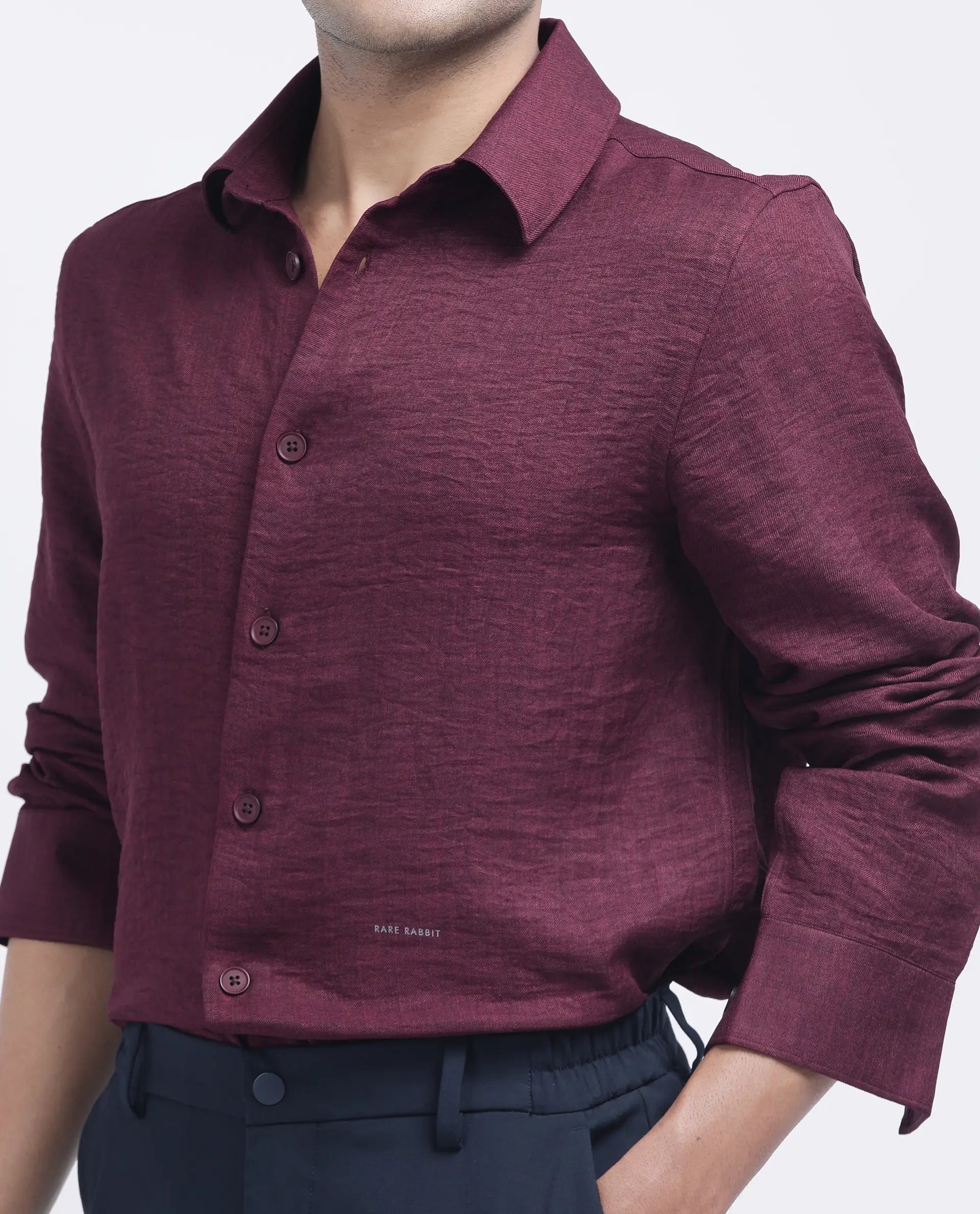 Rare Rabbit Men's Nert Maroon Cotton Plain Relaxed Fit Full Sleeve Collared Shirt