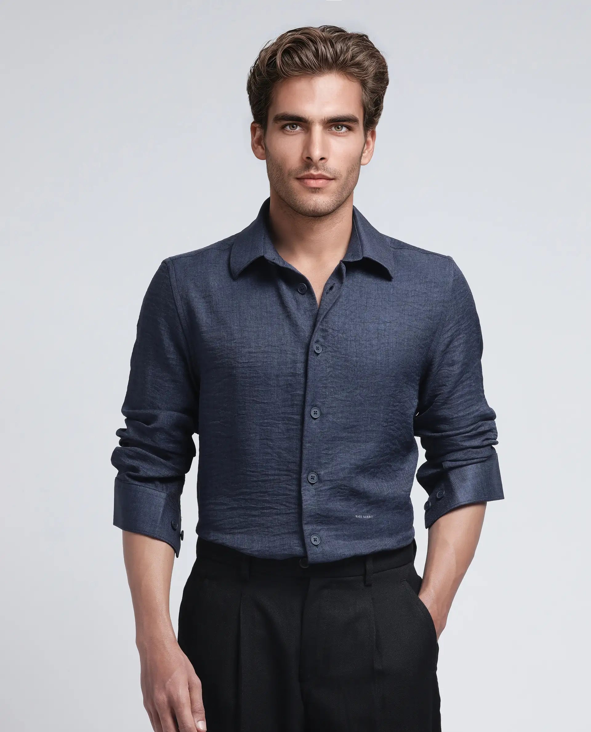 Rare Rabbit Men's Nert Navy Cotton Fabric Full Sleeve Collared Neck Button Closure Plain Shirt