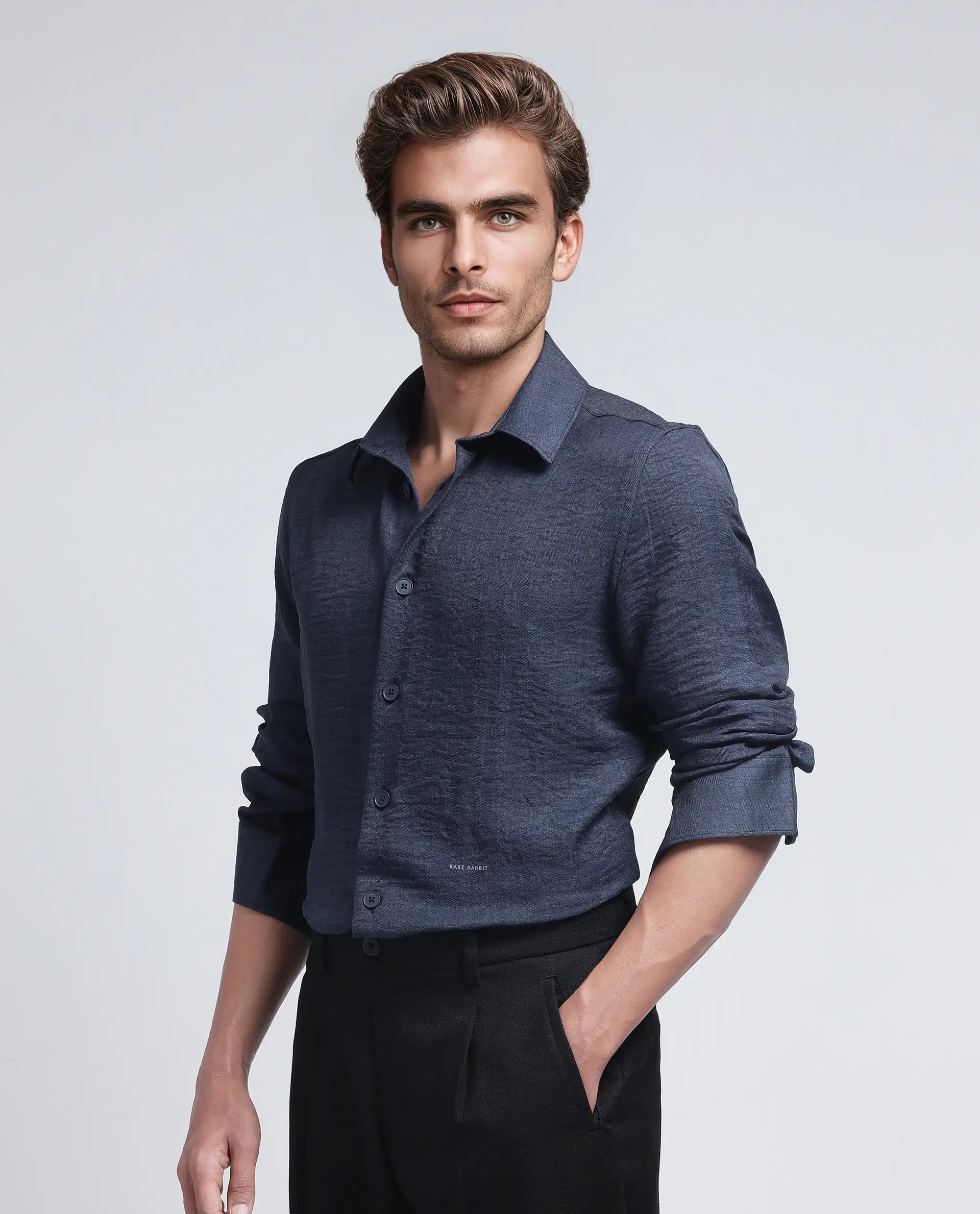 Rare Rabbit Men's Nert Navy Cotton Fabric Full Sleeve Collared Neck Button Closure Plain Shirt