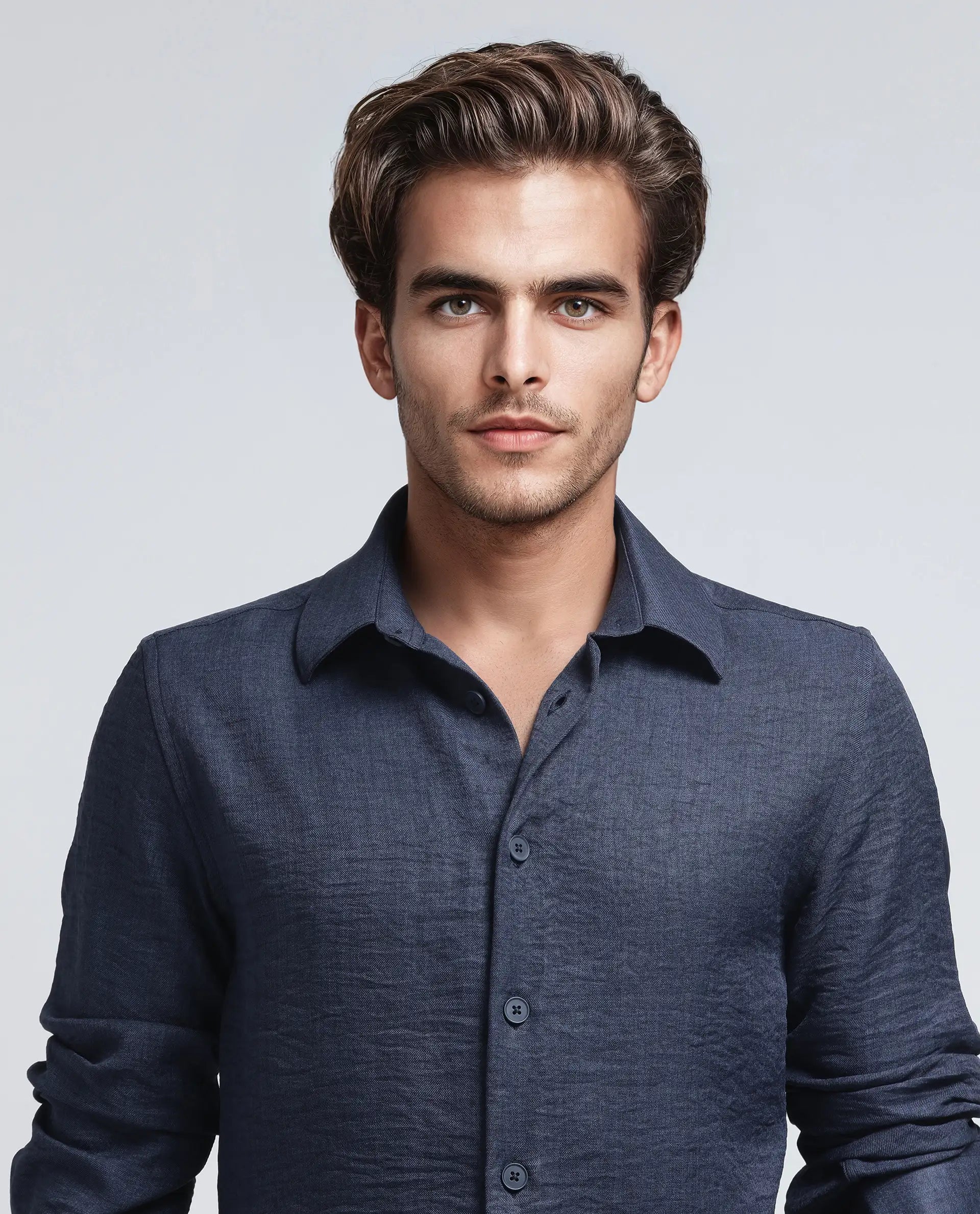 Rare Rabbit Men's Nert Navy Cotton Fabric Full Sleeve Collared Neck Button Closure Plain Shirt