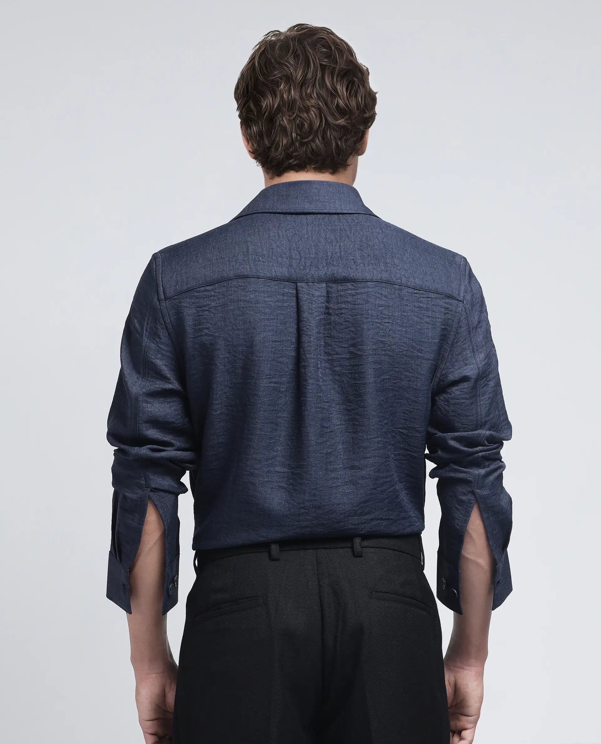 Rare Rabbit Men's Nert Navy Cotton Fabric Full Sleeve Collared Neck Button Closure Plain Shirt