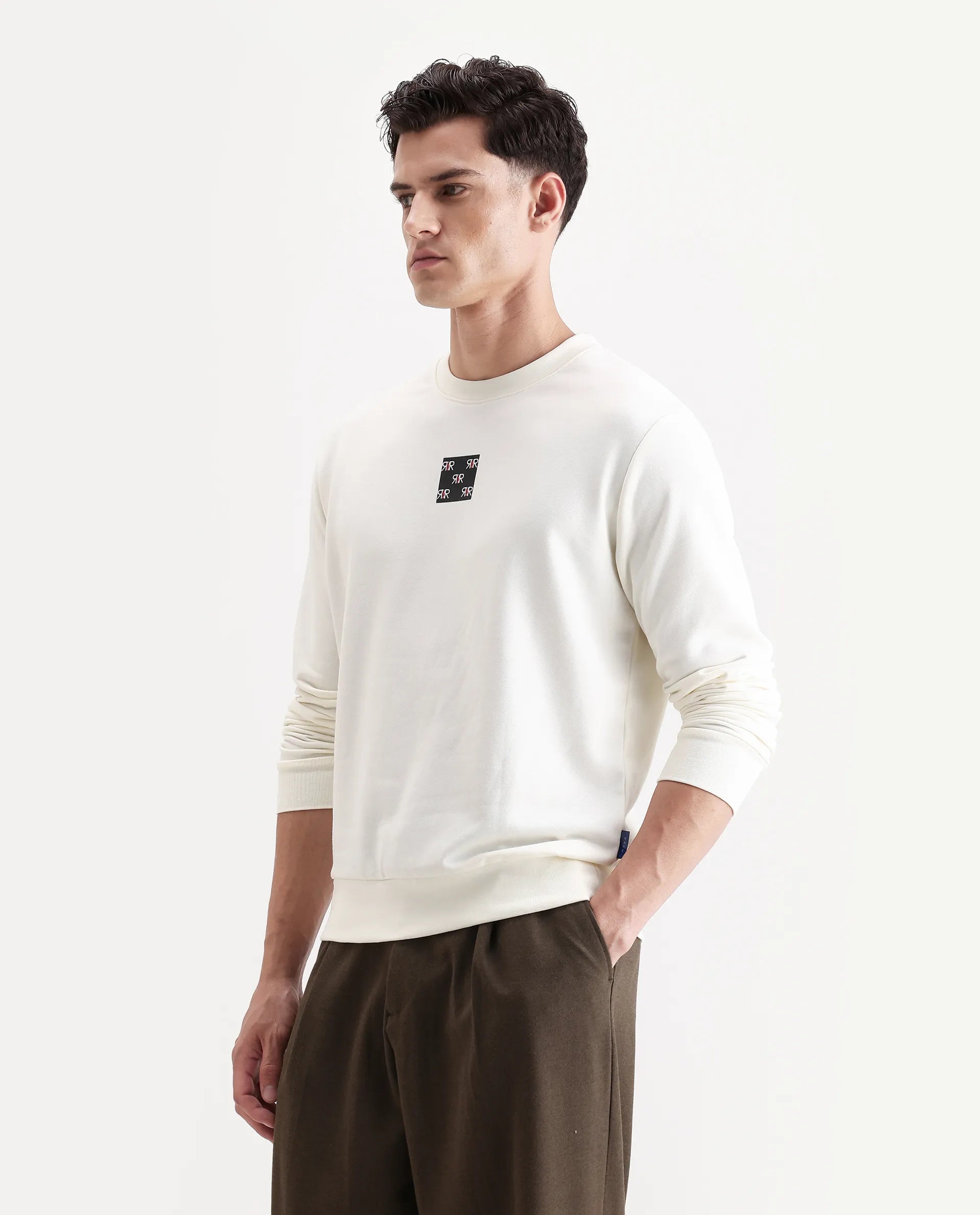 Rare Rabbit Men's Nerva Off White Cotton Blend Graphic Print Regular Fit Full Sleeve Crew Neck Sweatshirt