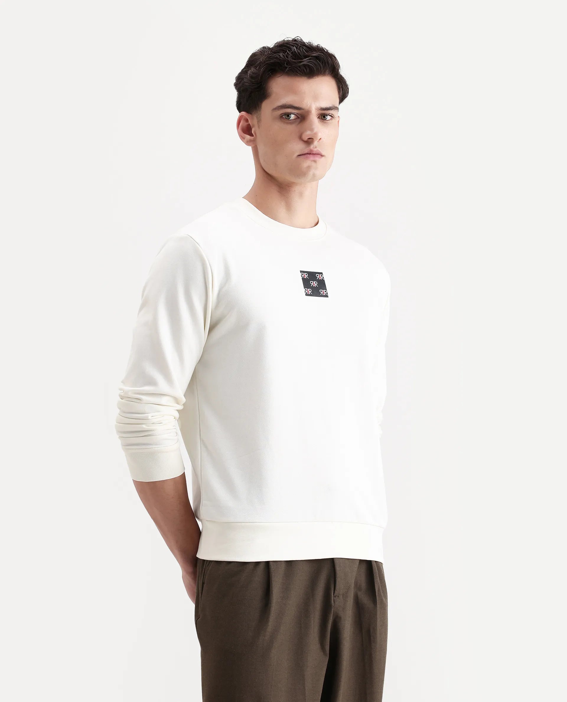 Rare Rabbit Men's Nerva Off White Cotton Blend Graphic Print Regular Fit Full Sleeve Crew Neck Sweatshirt