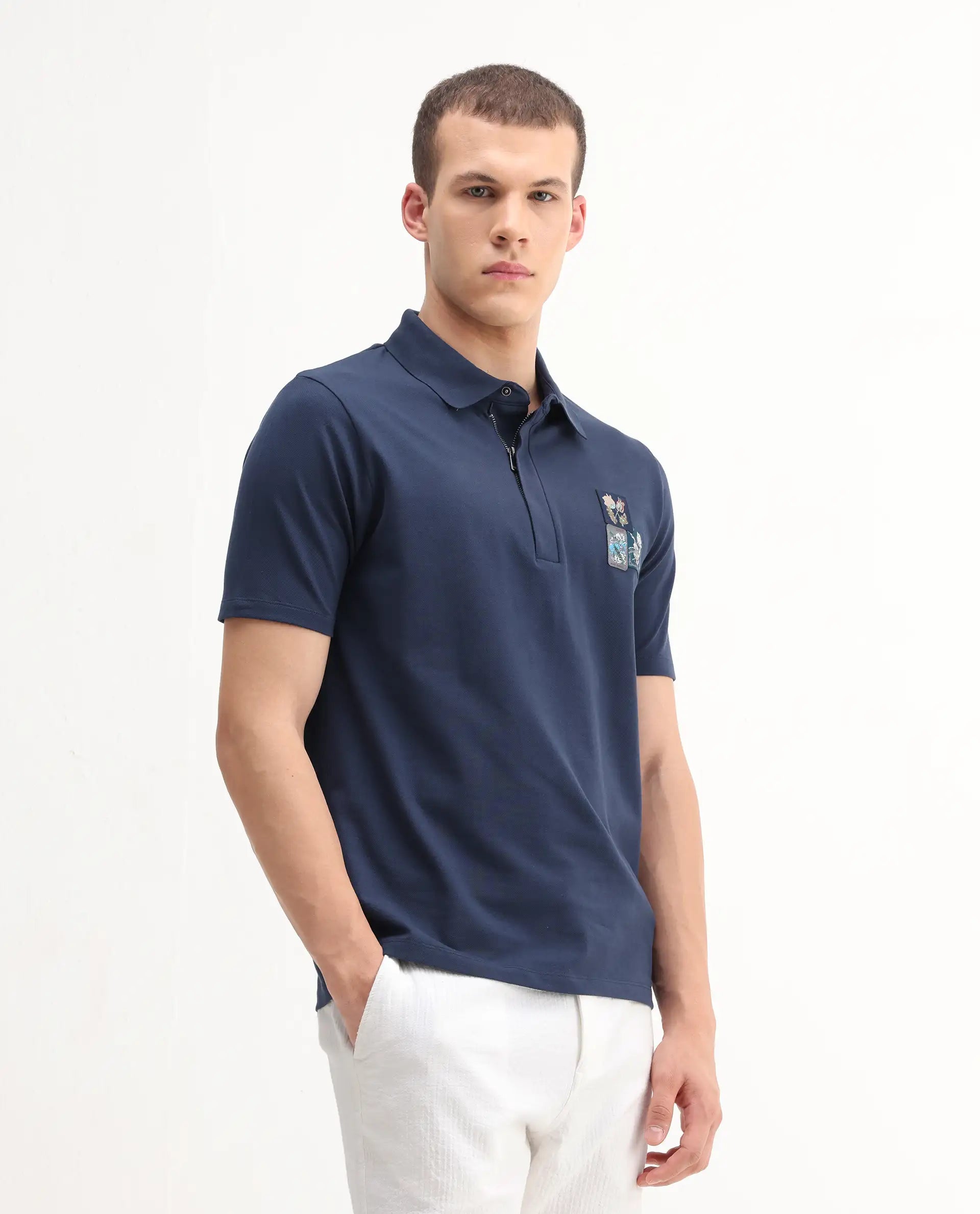 Rare Rabbit Men's Nesco Dusky Blue Cotton Plain Regular Fit Half Sleeve Polo