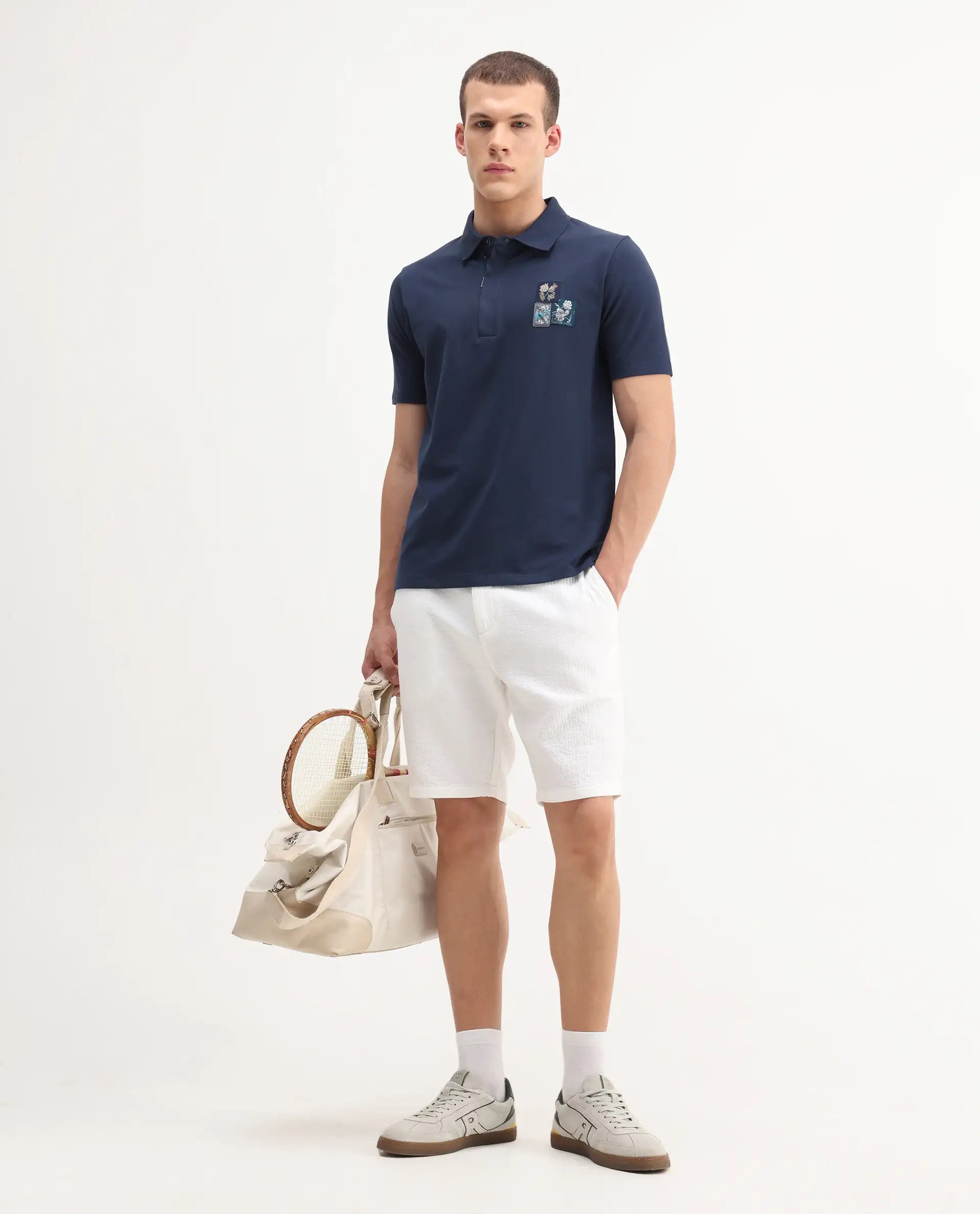 Rare Rabbit Men's Nesco Dusky Blue Cotton Plain Regular Fit Half Sleeve Polo