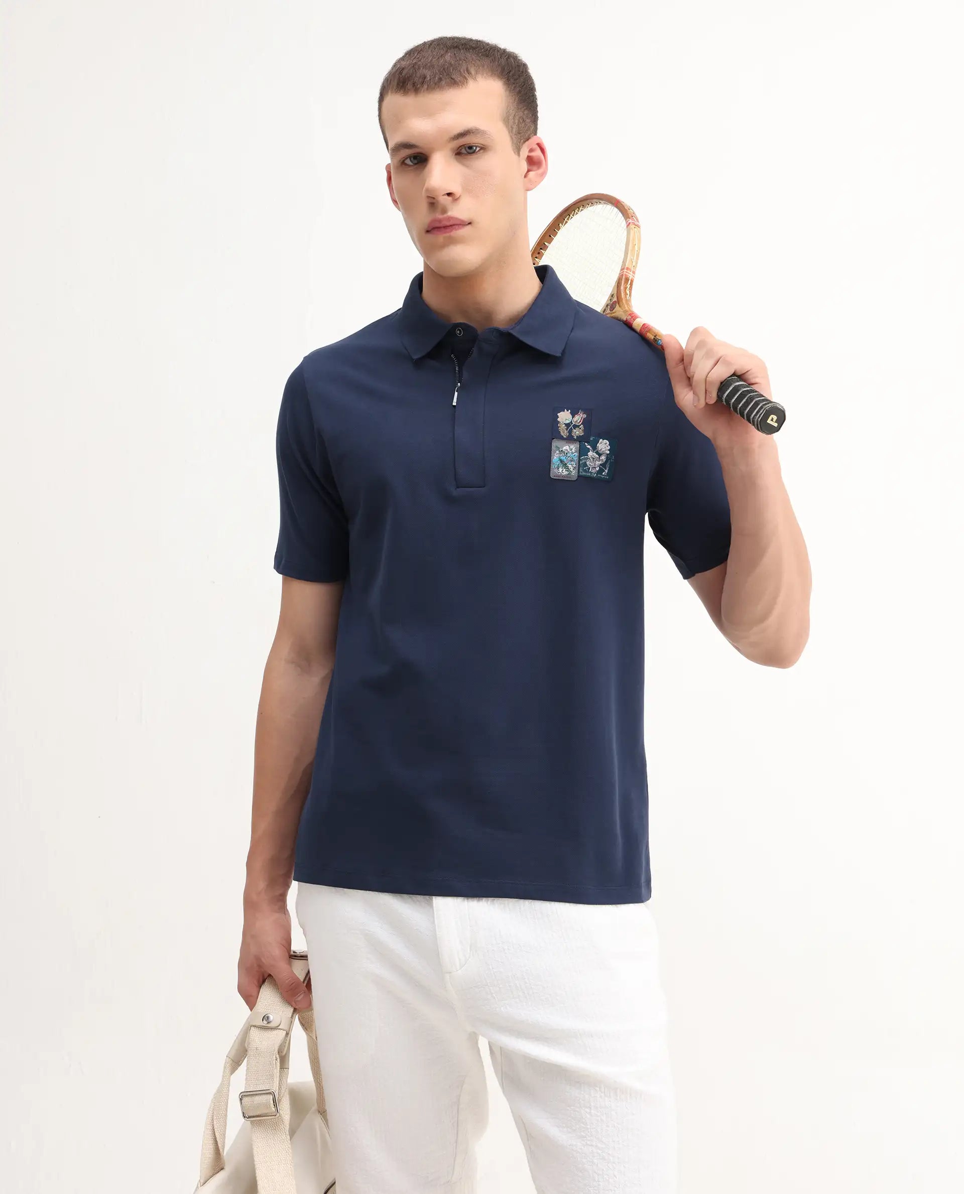 Rare Rabbit Men's Nesco Dusky Blue Cotton Plain Regular Fit Half Sleeve Polo