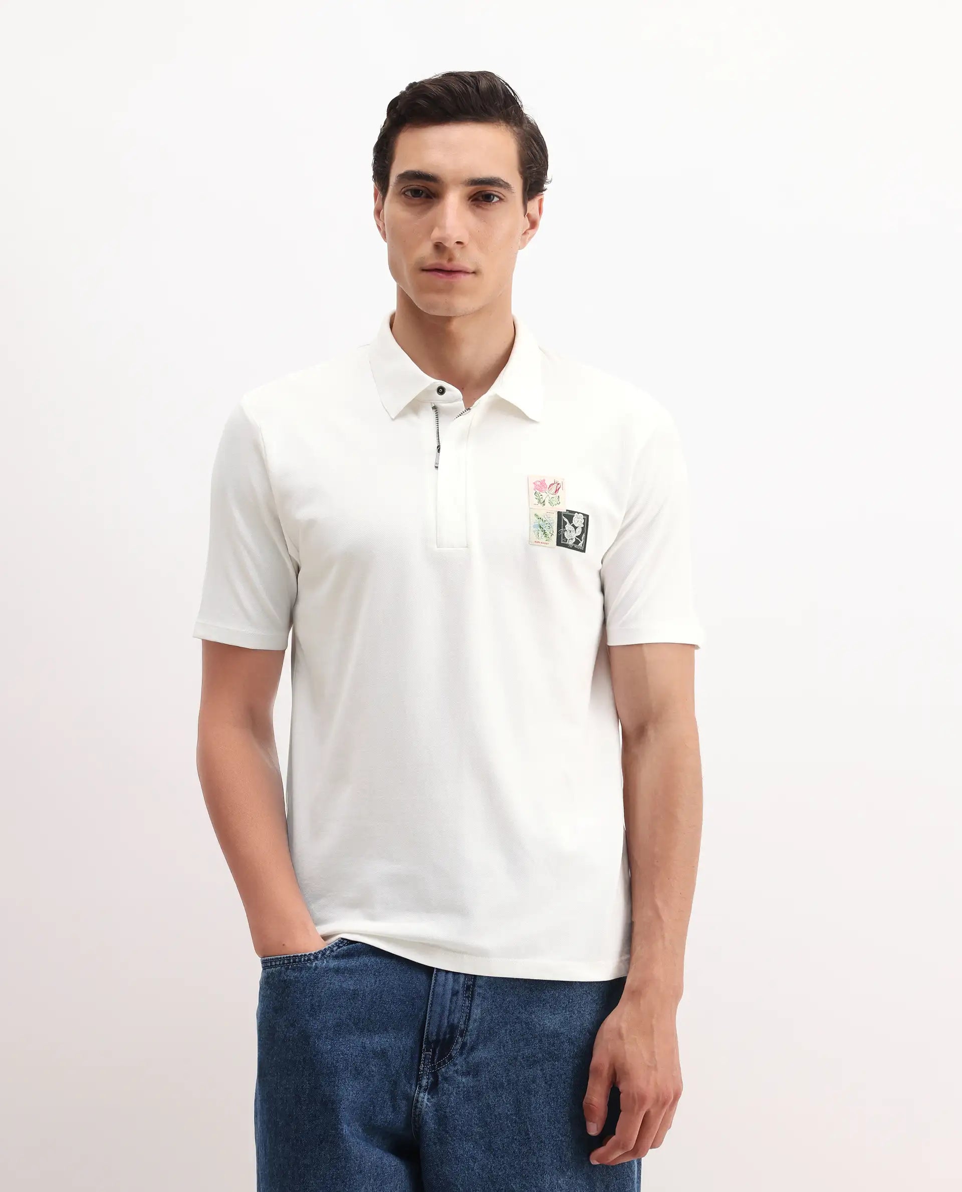 Rare Rabbit Men's Nesco White Cotton Plain Regular Fit Half Sleeve Polo