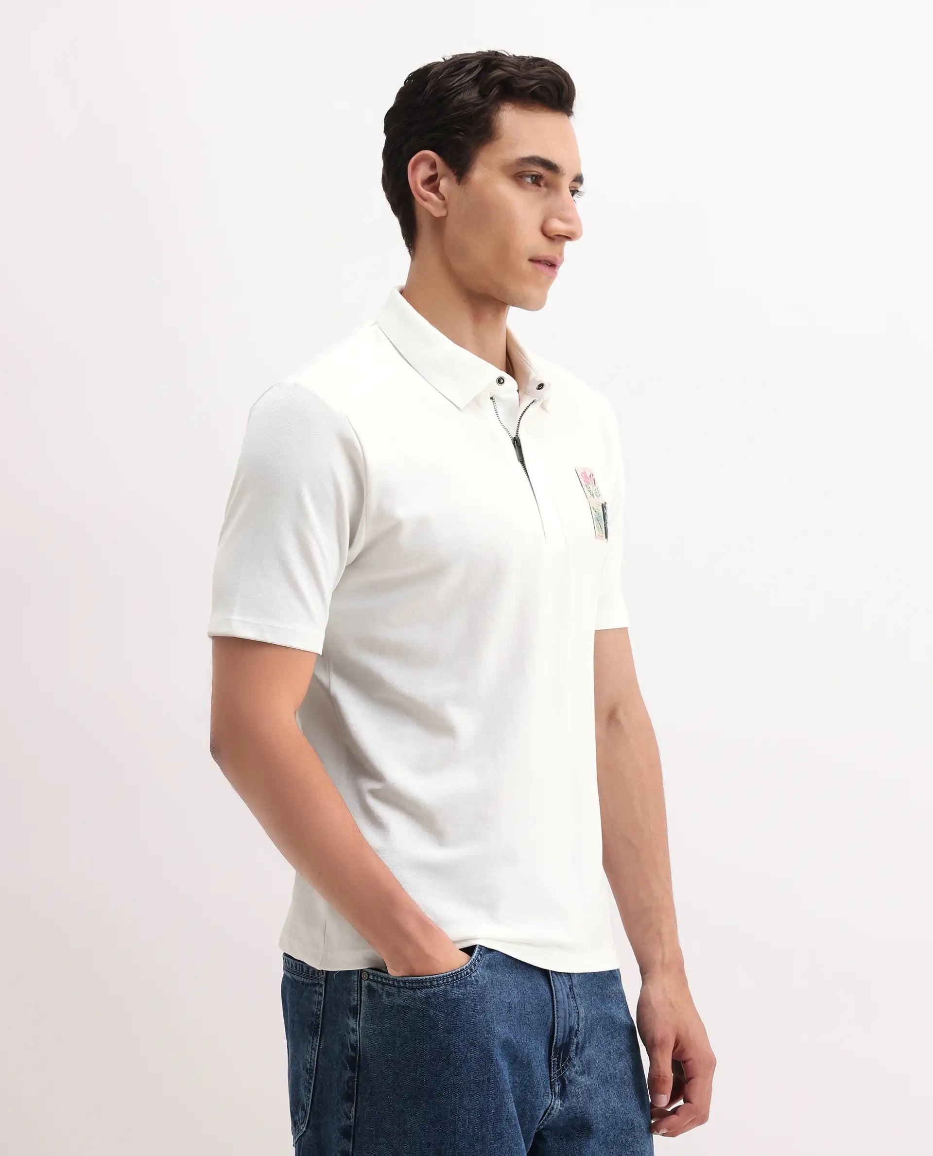 Rare Rabbit Men's Nesco White Cotton Plain Regular Fit Half Sleeve Polo