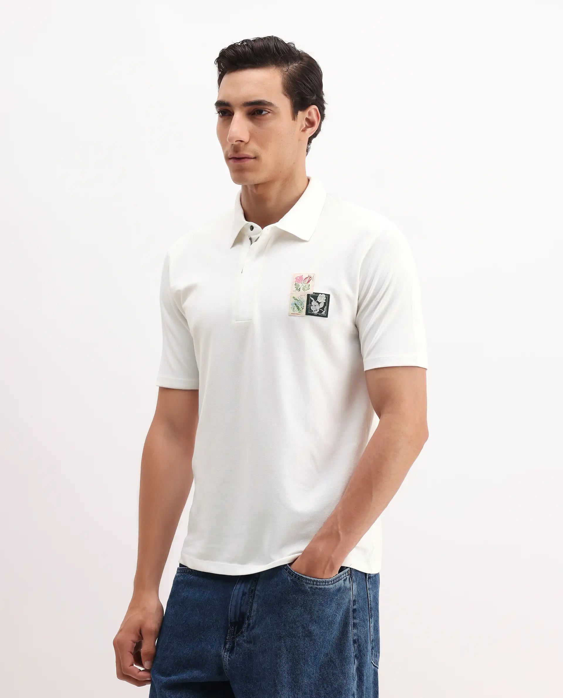 Rare Rabbit Men's Nesco White Cotton Plain Regular Fit Half Sleeve Polo