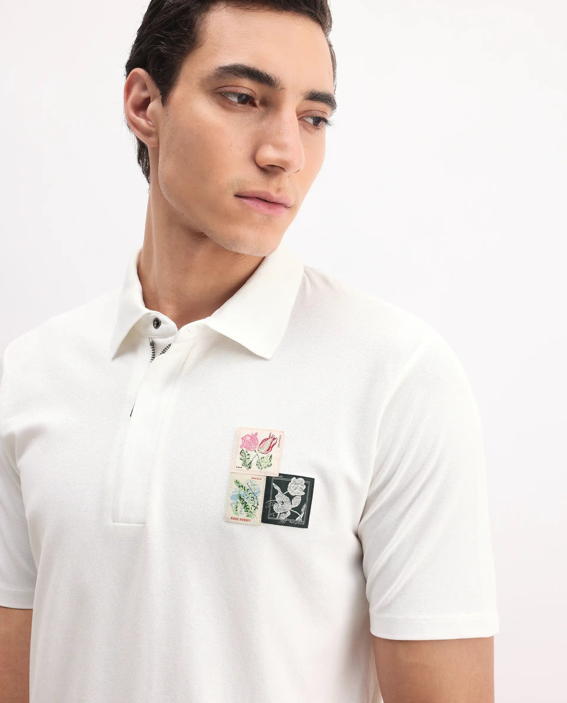 Rare Rabbit Men's Nesco White Cotton Plain Regular Fit Half Sleeve Polo
