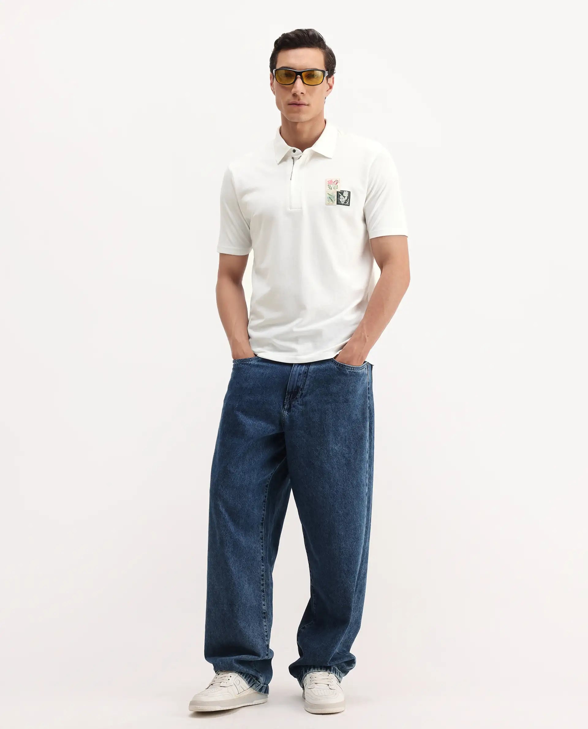 Rare Rabbit Men's Nesco White Cotton Plain Regular Fit Half Sleeve Polo