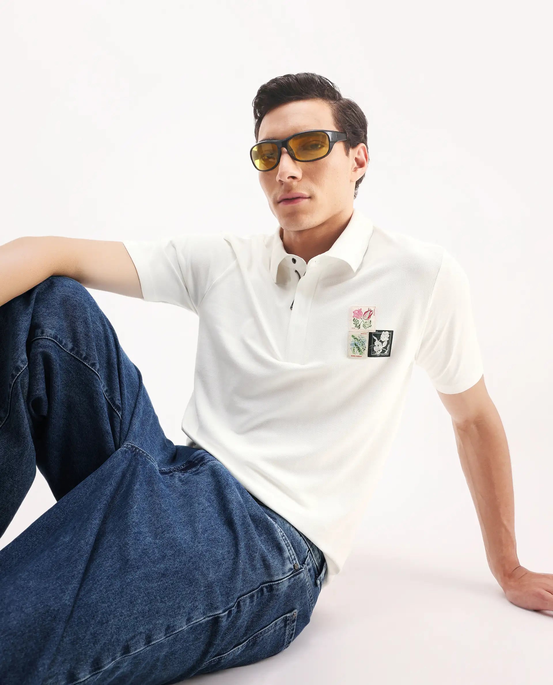 Rare Rabbit Men's Nesco White Cotton Plain Regular Fit Half Sleeve Polo