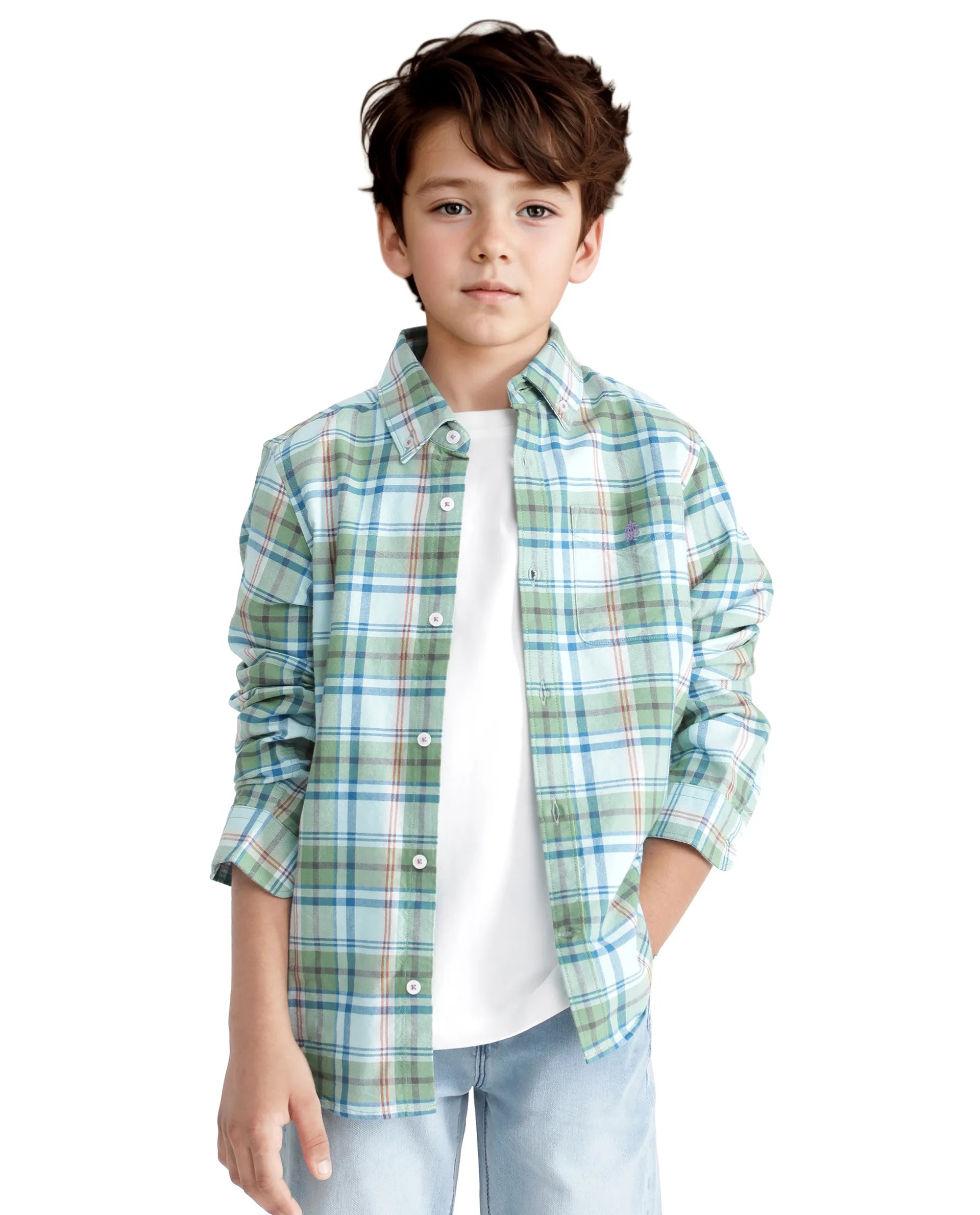 Rare Ones Kids Nes Green Cotton Full Sleeves Button Down Regular Fit Checked Shirt