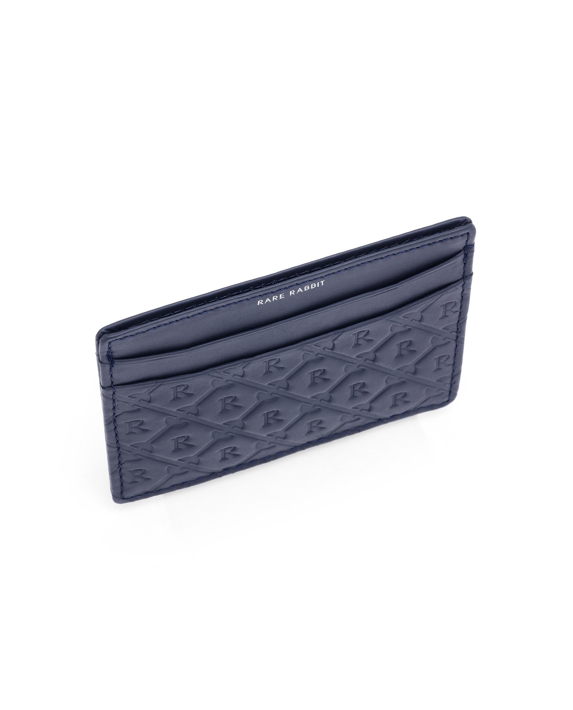 Rare Rabbit Men's Ness Blue Slim RFID Monogram Embossed Credit Card Holder