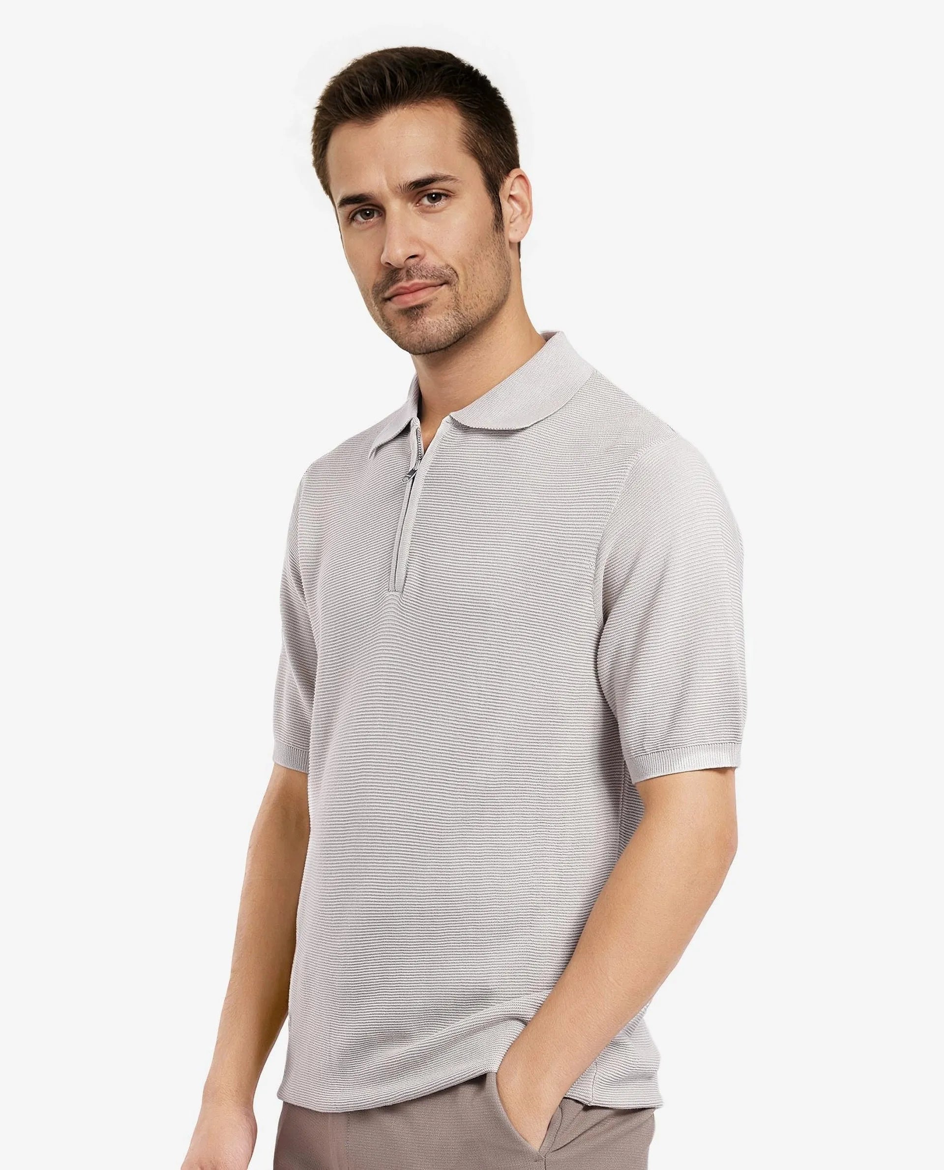 Rare Rabbit Men Nett Beige Short Sleeve Collared Collar Zipper Closure Flat Knit Textured Plain Polo