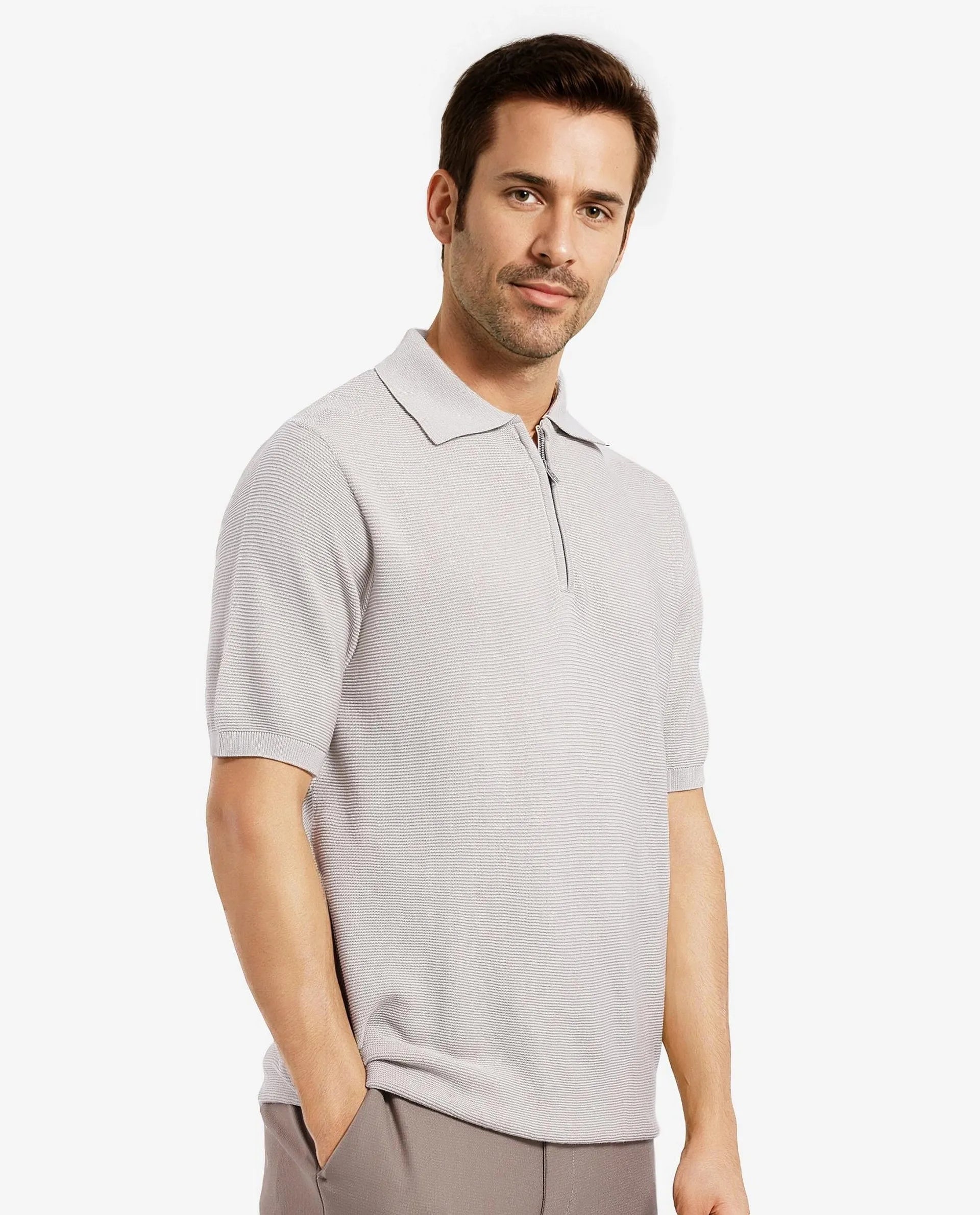 Rare Rabbit Men Nett Beige Short Sleeve Collared Collar Zipper Closure Flat Knit Textured Plain Polo