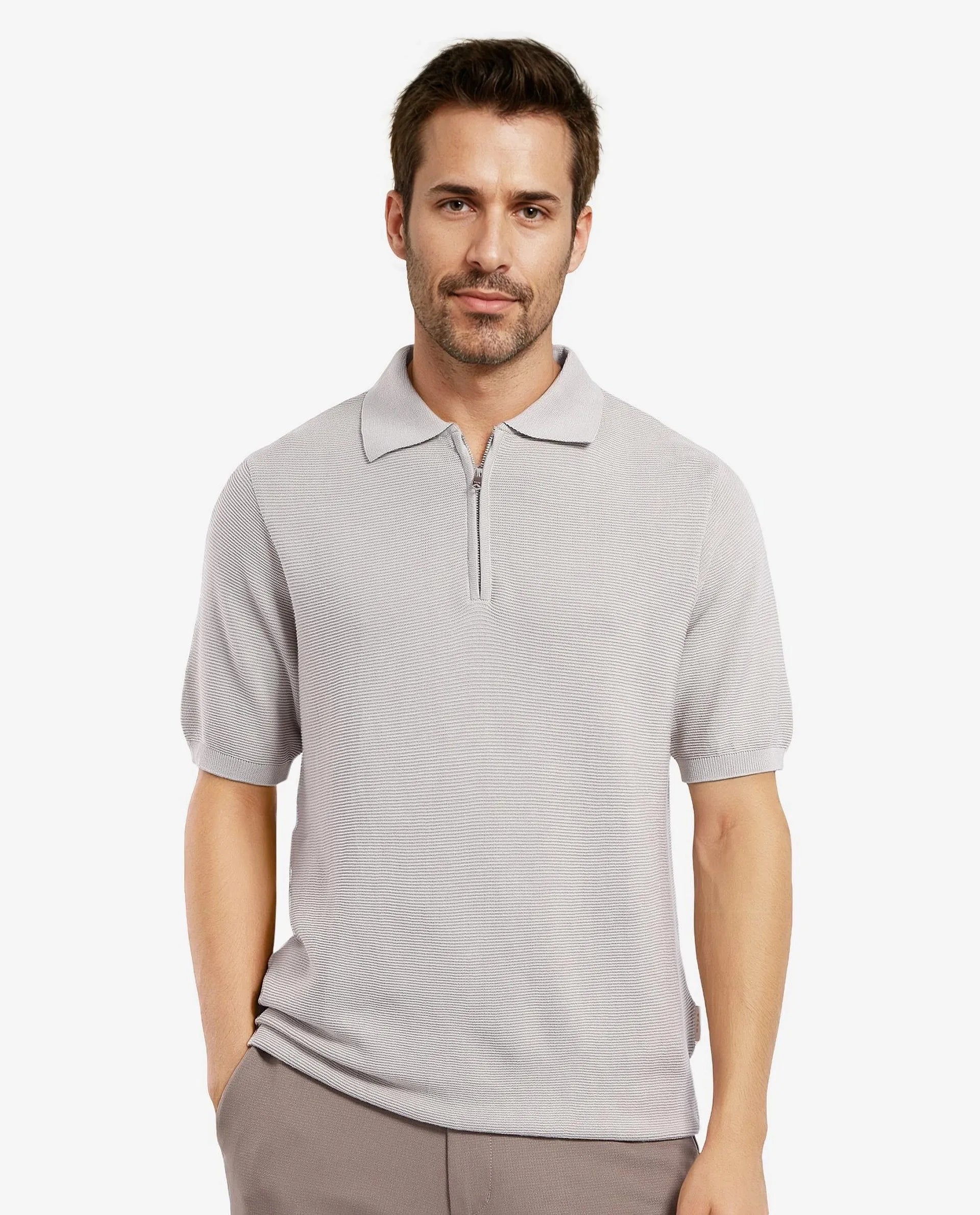 Rare Rabbit Men Nett Beige Short Sleeve Collared Collar Zipper Closure Flat Knit Textured Plain Polo