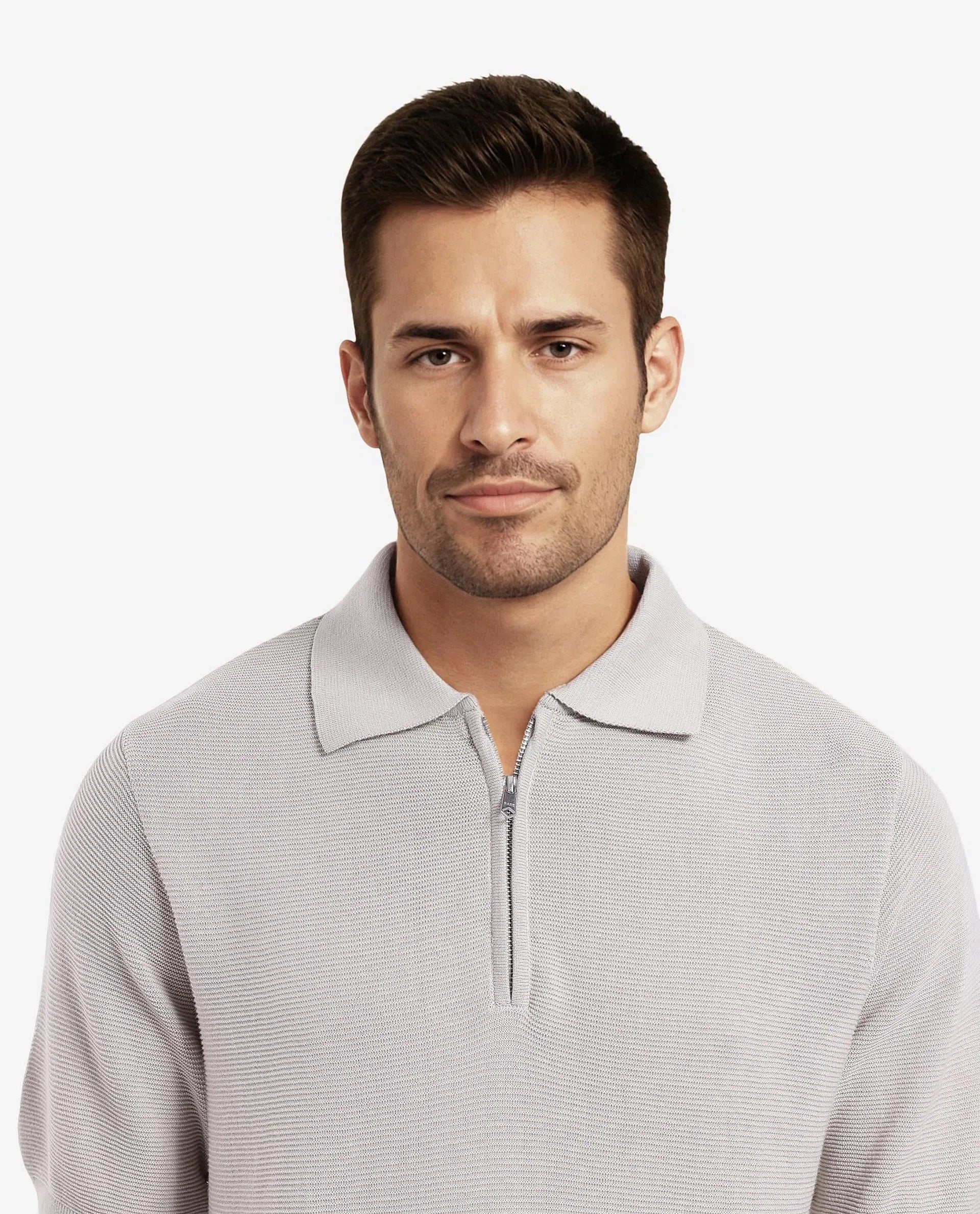 Rare Rabbit Men Nett Beige Short Sleeve Collared Collar Zipper Closure Flat Knit Textured Plain Polo