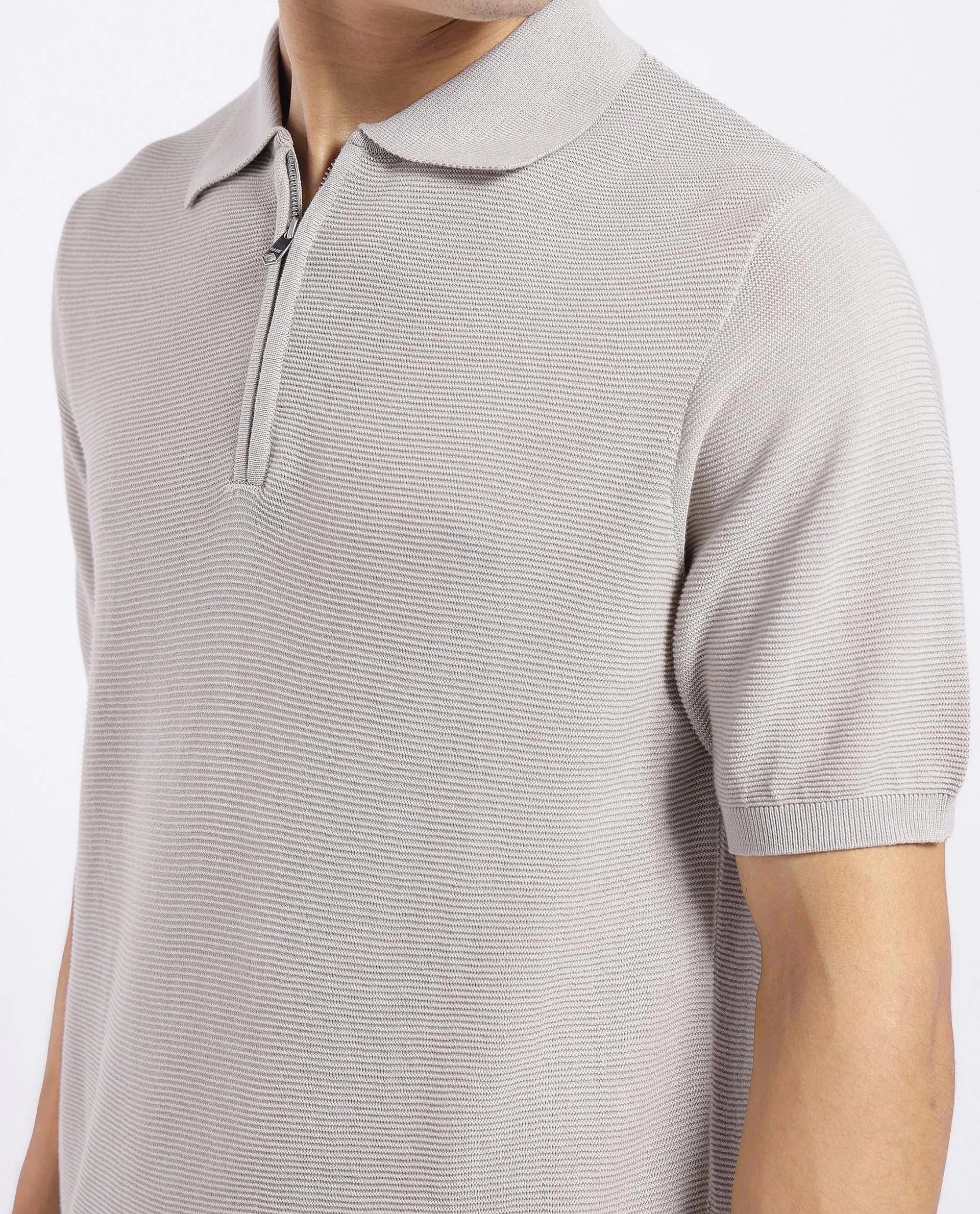 Rare Rabbit Men Nett Beige Short Sleeve Collared Collar Zipper Closure Flat Knit Textured Plain Polo