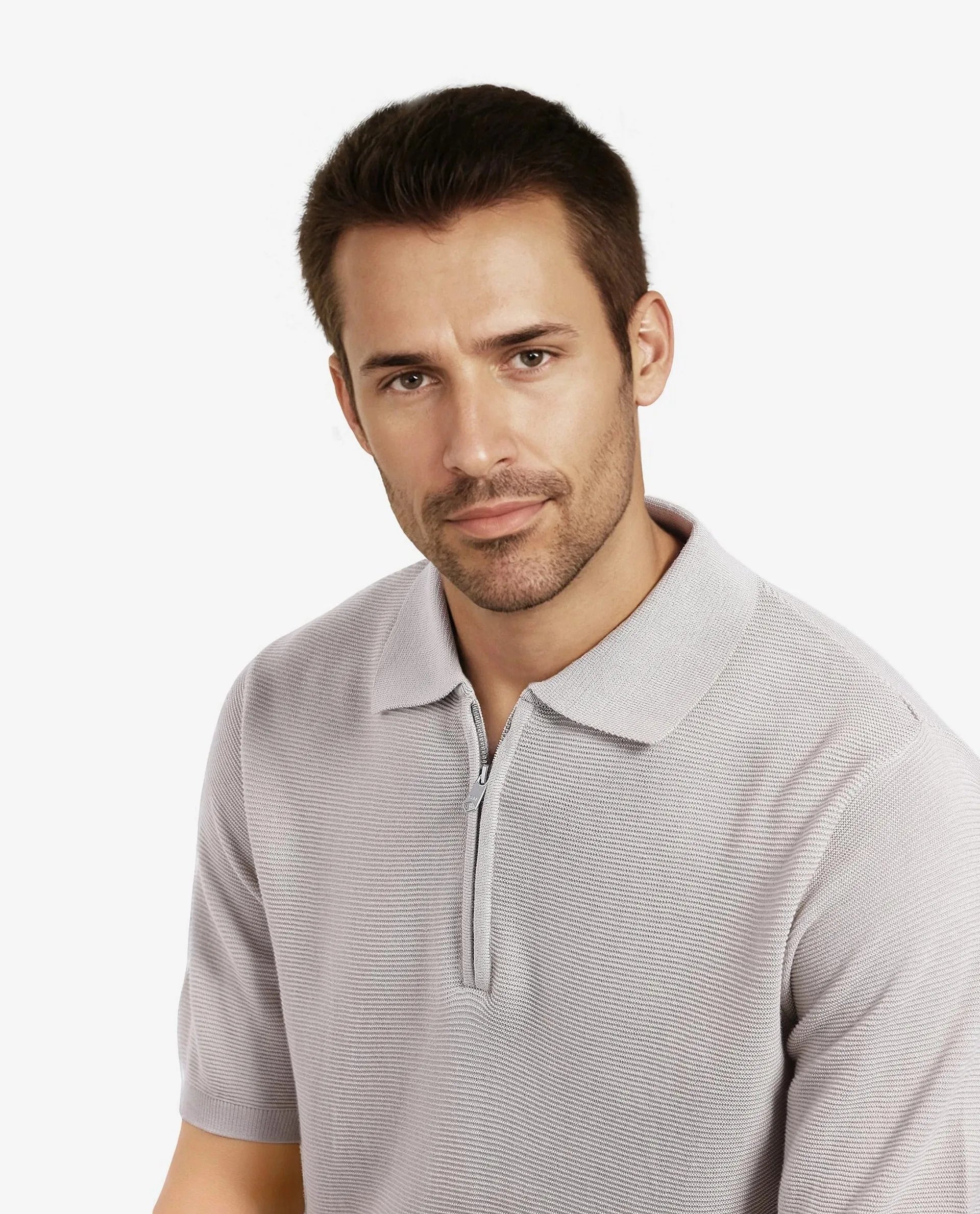 Rare Rabbit Men Nett Beige Short Sleeve Collared Collar Zipper Closure Flat Knit Textured Plain Polo