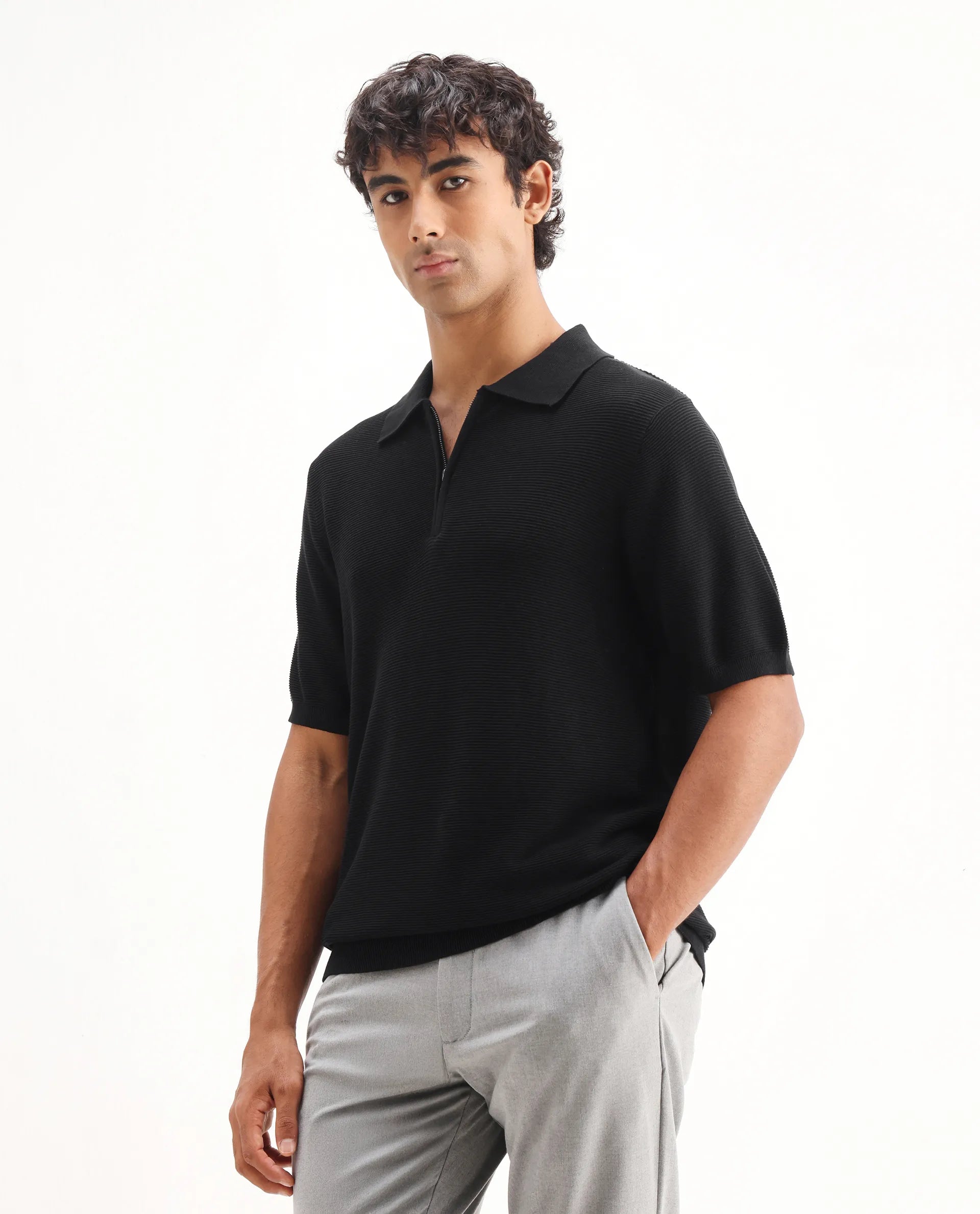 Rare Rabbit Men's Nett Black Cotton Plain Regular Fit Half Sleeve Polo