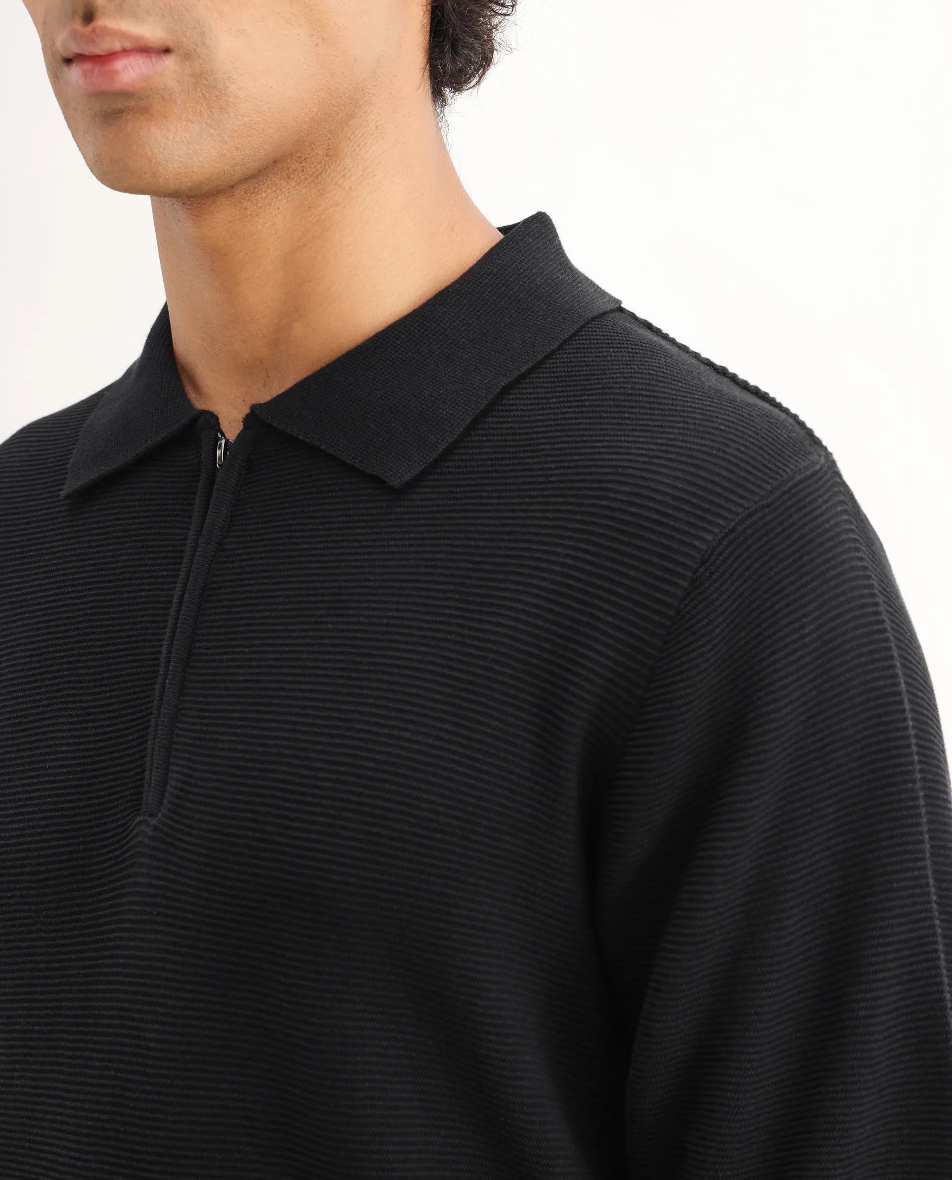 Rare Rabbit Men's Nett Black Cotton Plain Regular Fit Half Sleeve Polo