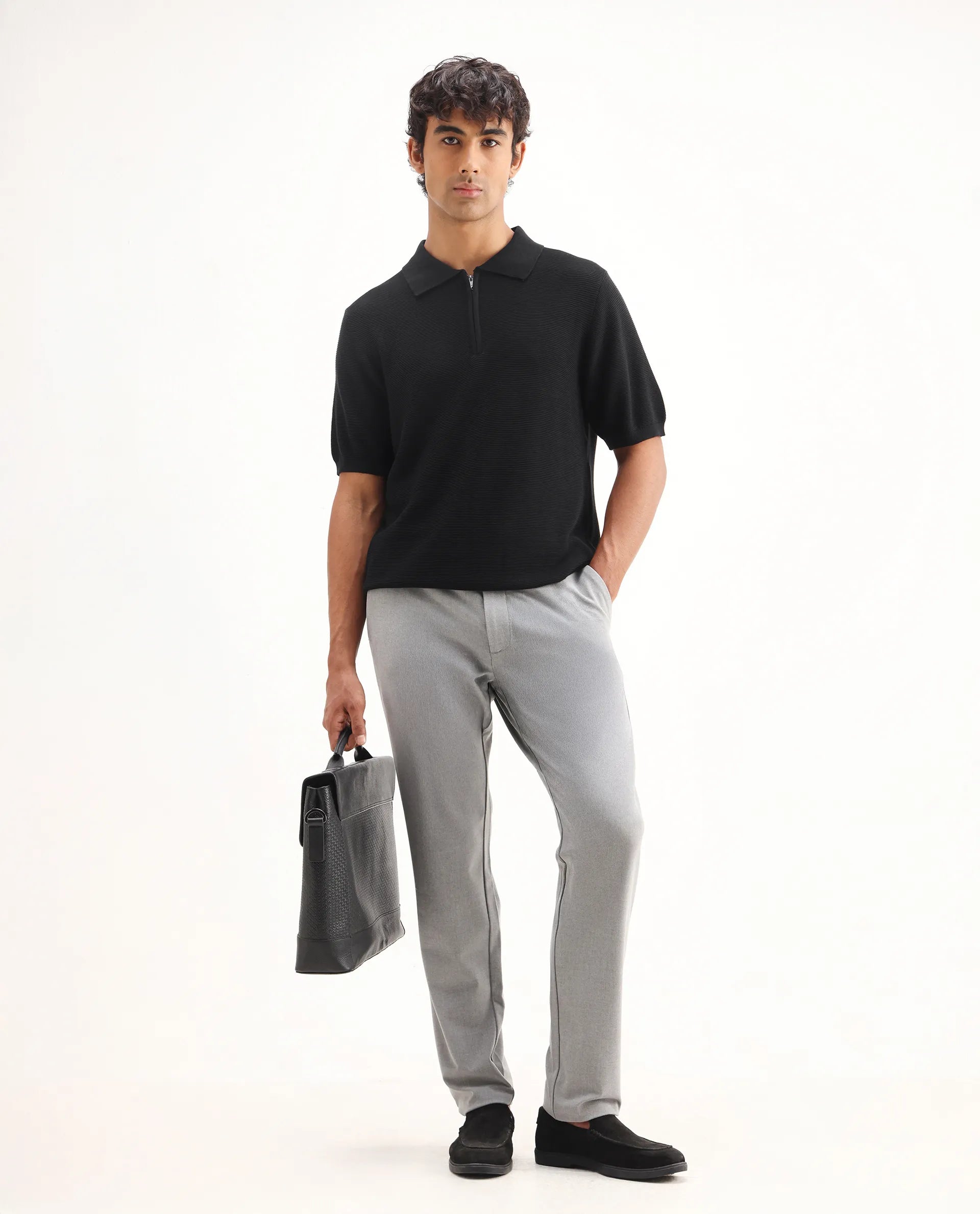 Rare Rabbit Men's Nett Black Cotton Plain Regular Fit Half Sleeve Polo