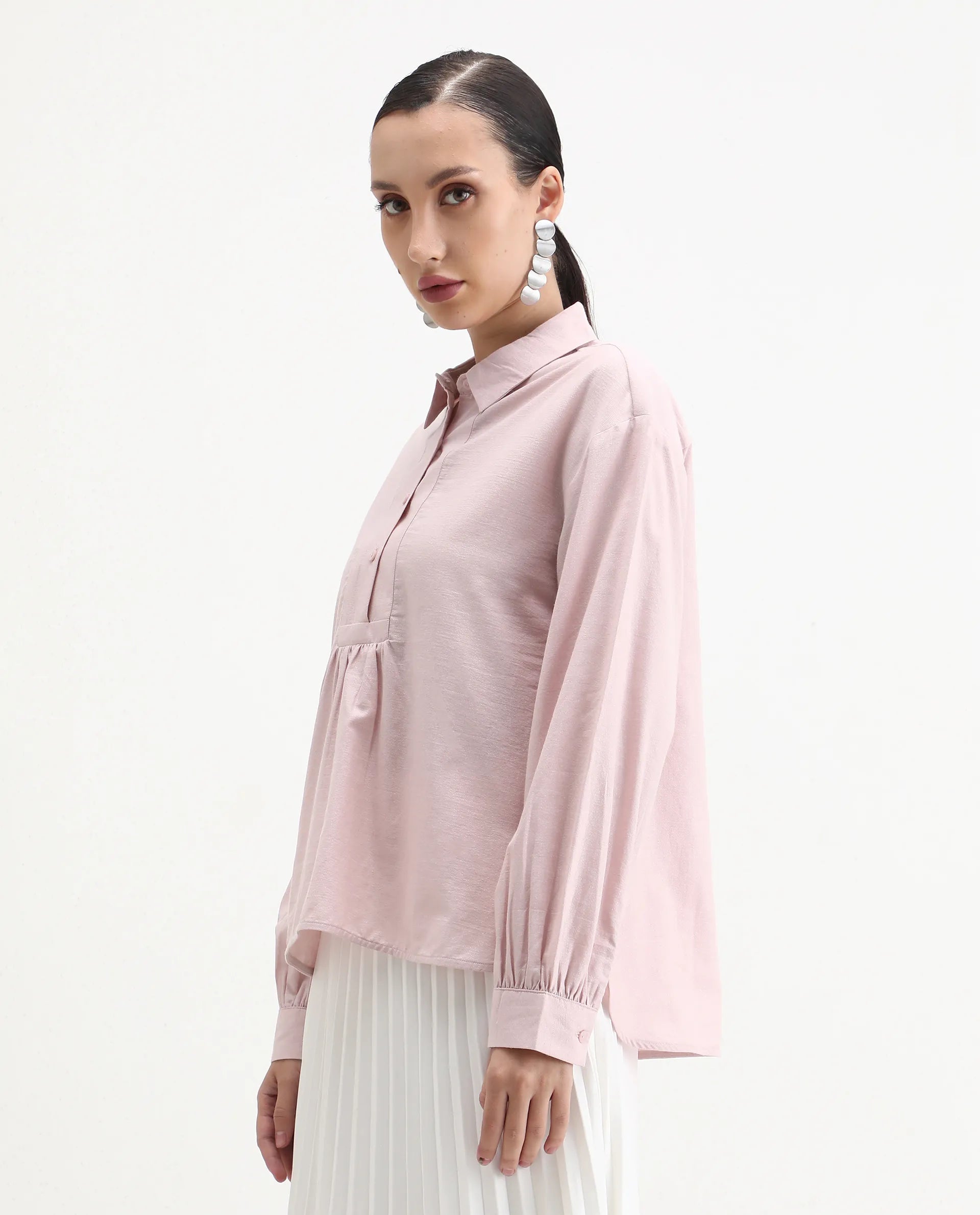 Rareism Women's Netto Pastel Pink Cotton Bishop Sleeve Collared Neck Relaxed Fit Plain Top