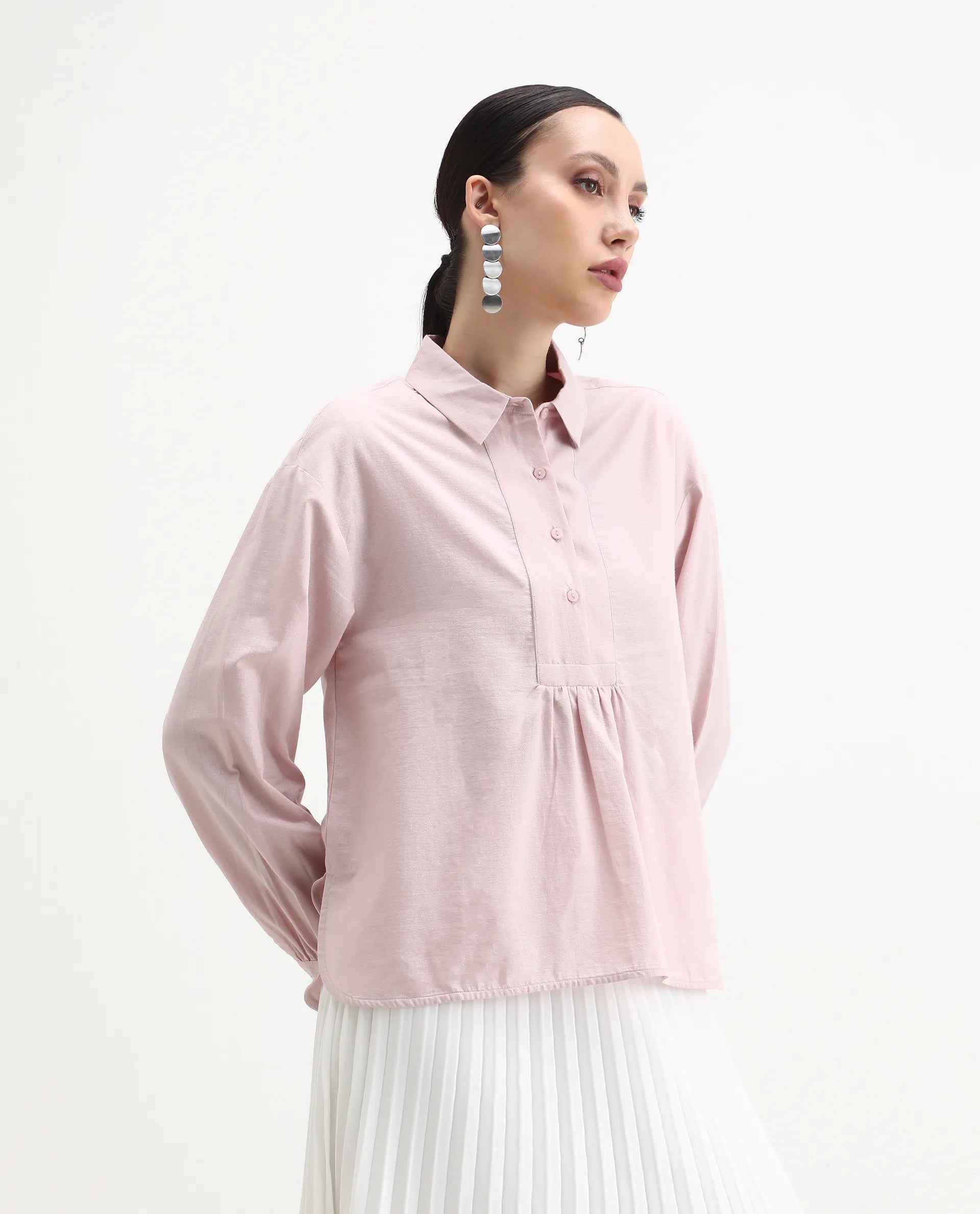 Rareism Women's Netto Pastel Pink Cotton Bishop Sleeve Collared Neck Relaxed Fit Plain Top