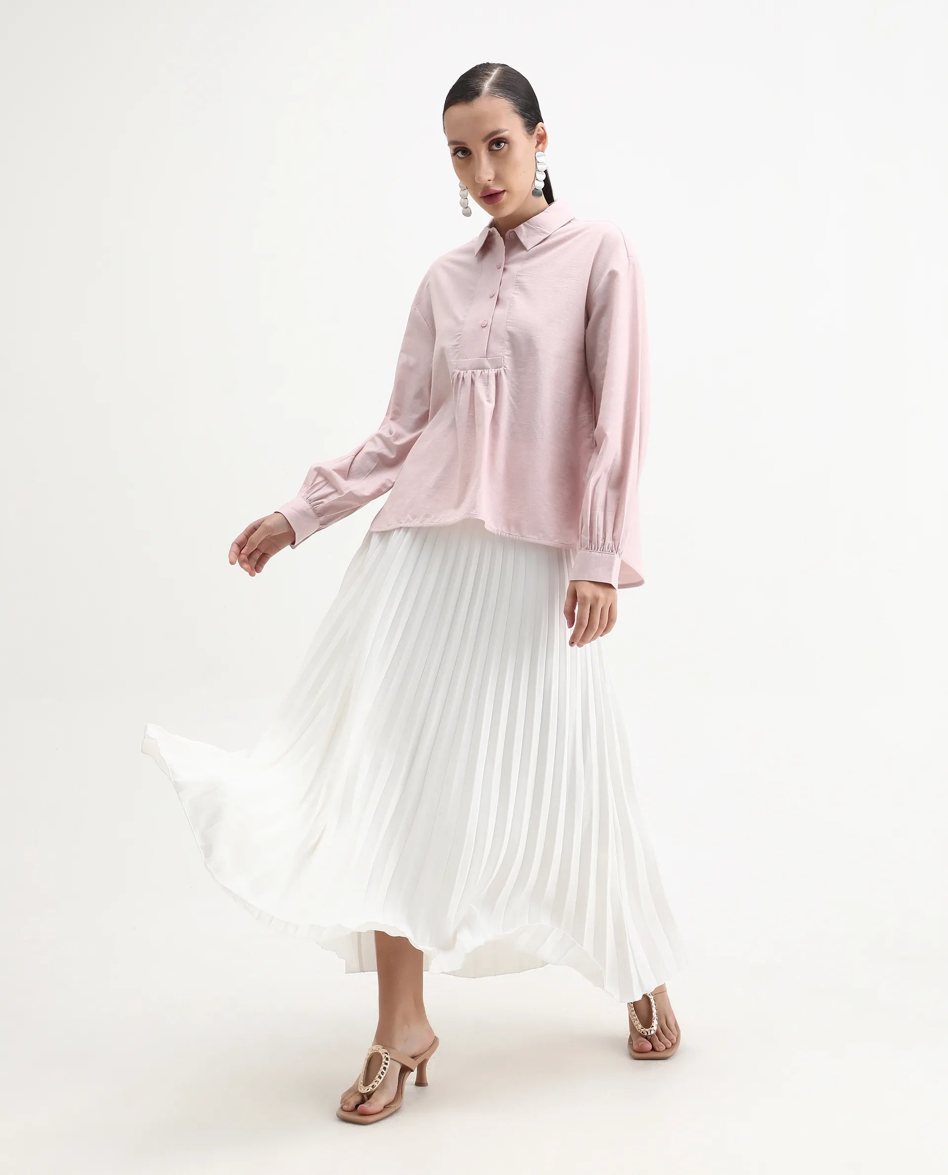 Rareism Women's Netto Pastel Pink Cotton Bishop Sleeve Collared Neck Relaxed Fit Plain Top