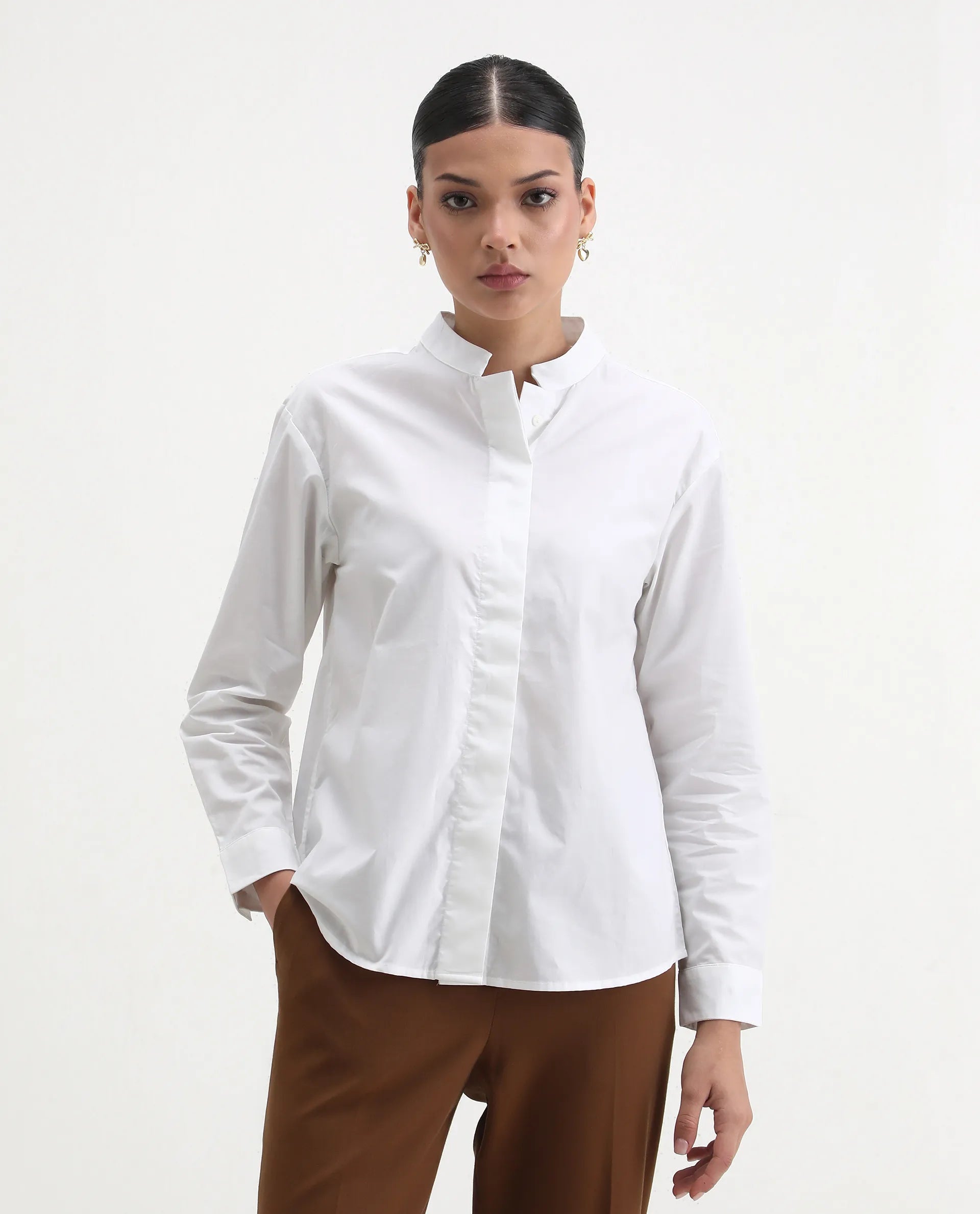 Rareism Women's Neuma White Cotton High Neck Plain Regular Fit Shirt
